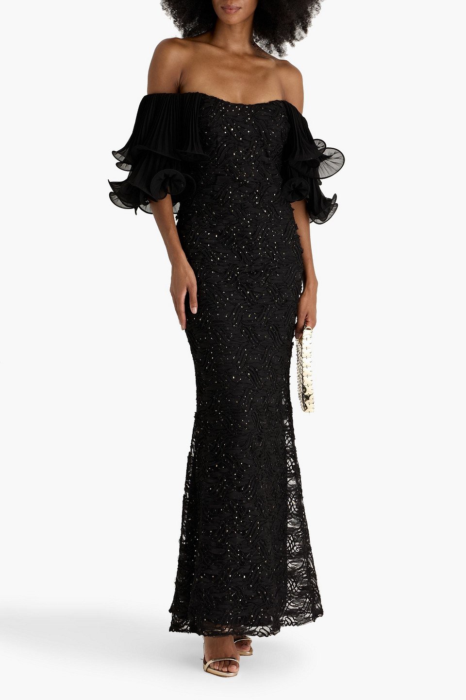 Badgley Mischka Off-the-shoulder Georgette-paneled Embroidered Metallic Point D'esprit Gown In Black