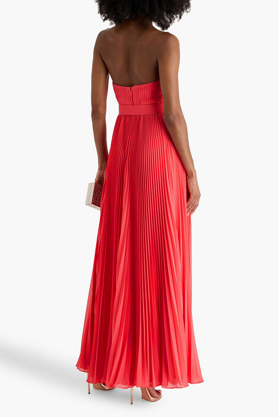 Badgley Mischka Strapless Embellished Pleated Chiffon Gown In Red