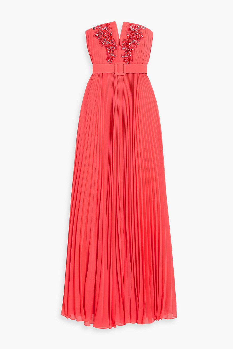 Badgley Mischka Strapless Embellished Pleated Chiffon Gown In Red