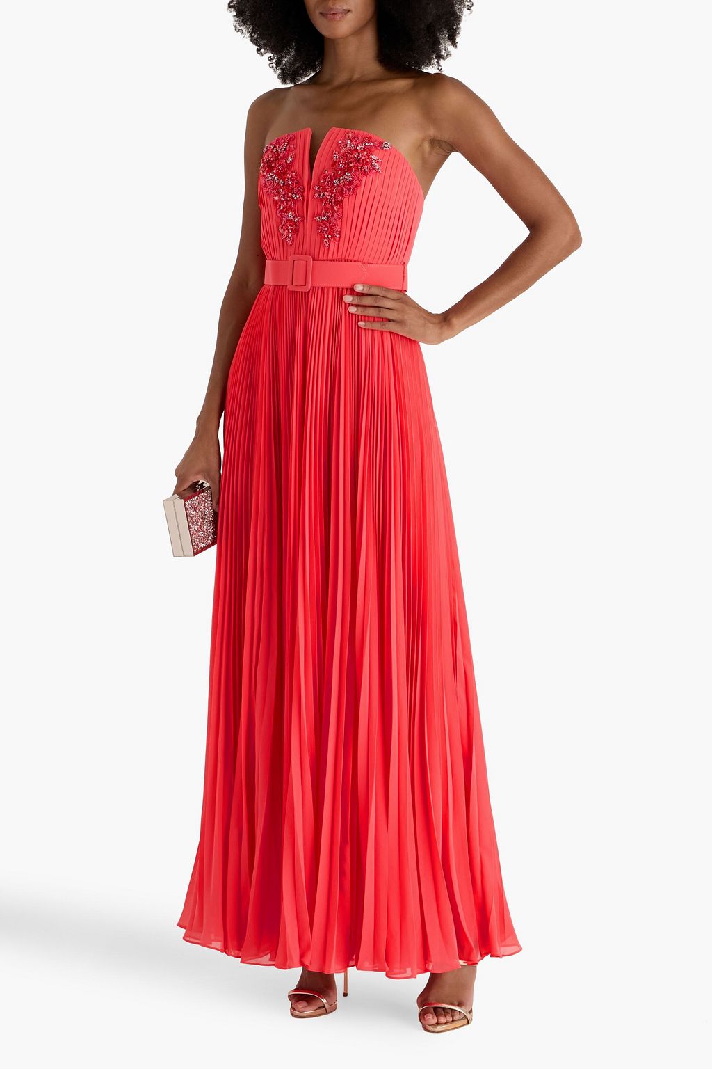 BADGLEY MISCHKA Strapless embellished pleated chiffon gown