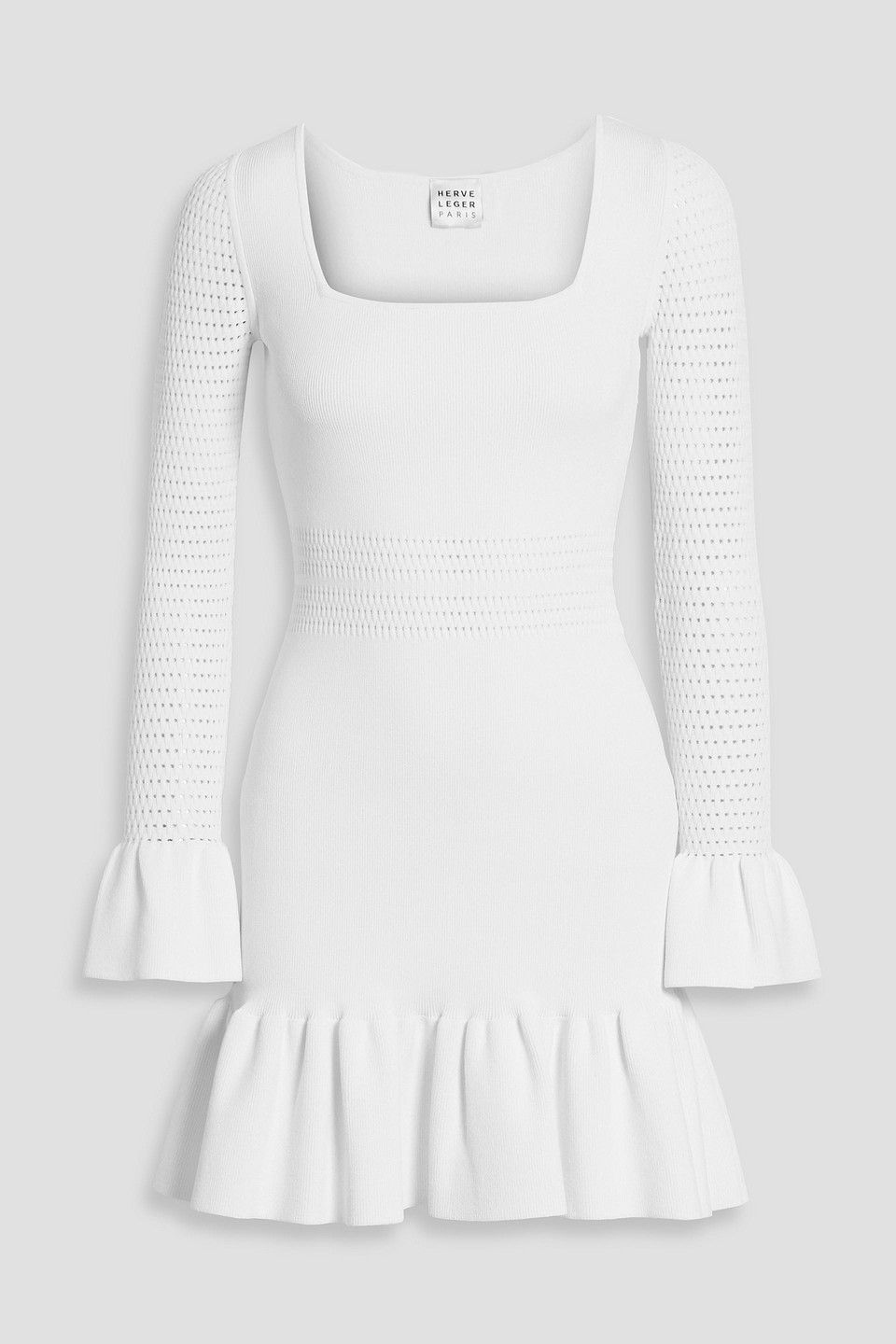Herve Leger Colette Ruffled Pointelle-knit Mini Dress In White
