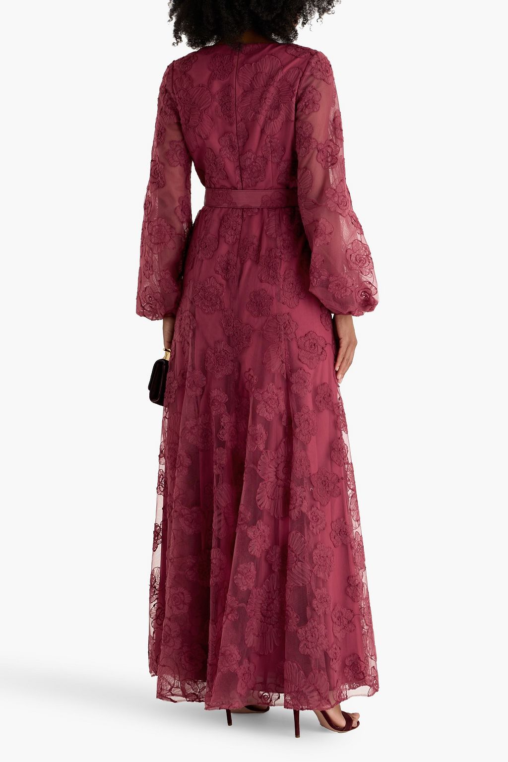 BADGLEY MISCHKA Belted embroidered tulle gown