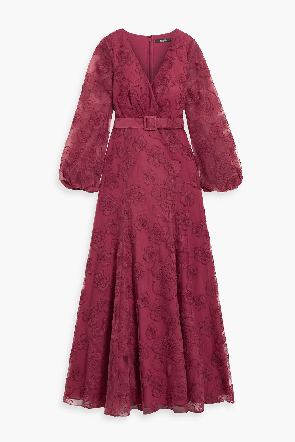 Badgley Mischka Belted Embroidered Tulle Gown In Burgundy