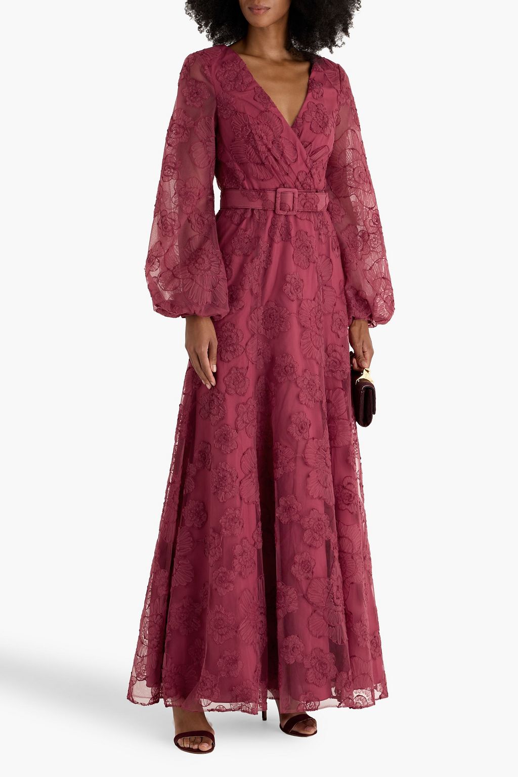 BADGLEY MISCHKA Belted embroidered tulle gown