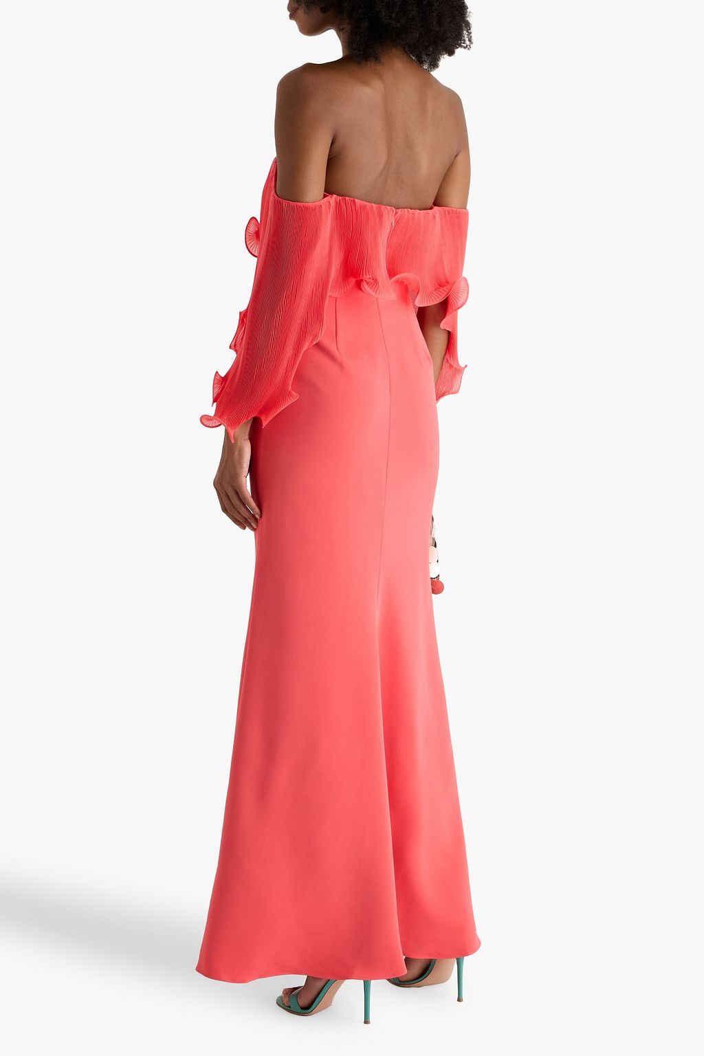 BADGLEY MISCHKA Off-the-shoulder ruffled plissé-georgette and crepe gown
