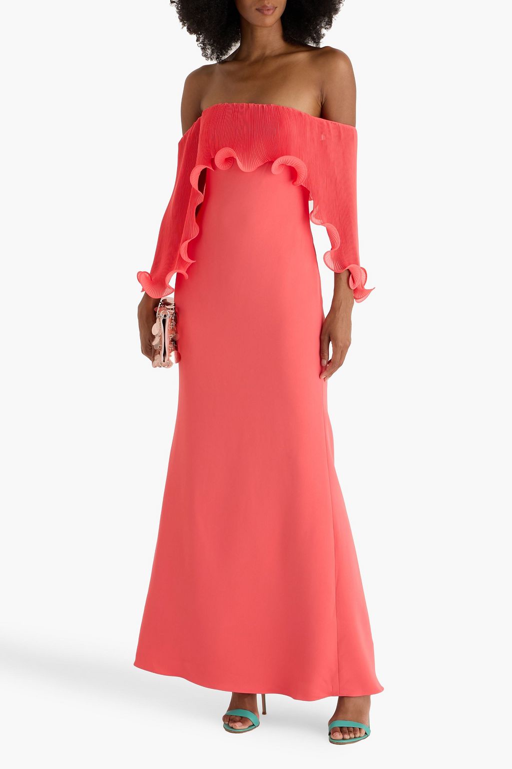 BADGLEY MISCHKA Off-the-shoulder ruffled plissé-georgette and crepe gown