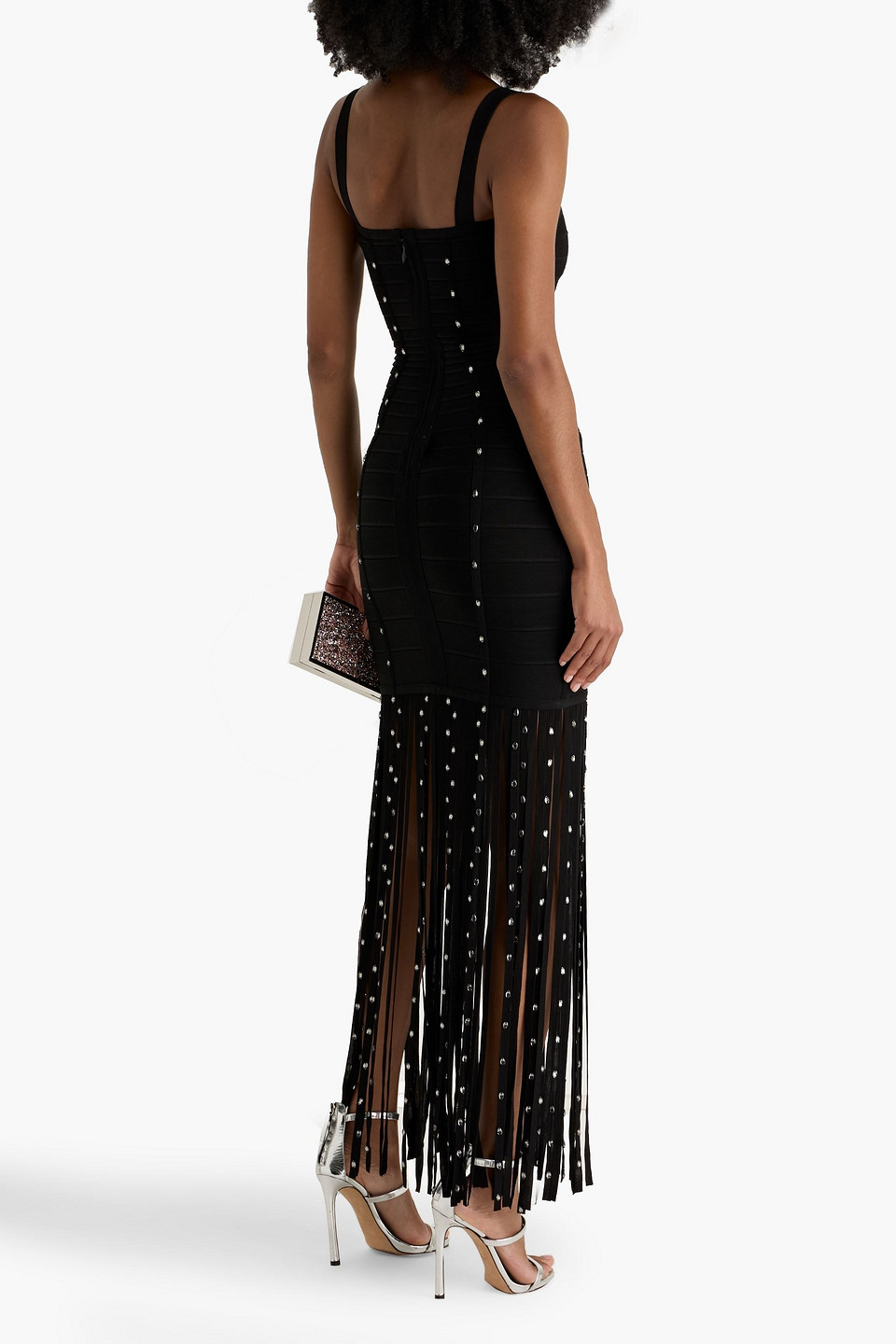 Herve Leger Laurel Crystal-embellished Fringed Bandage Gown In Black