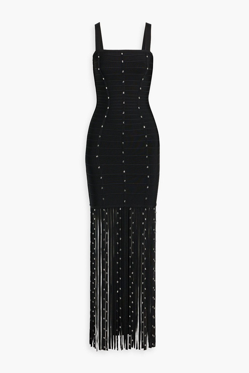 Herve Leger Laurel Crystal-embellished Fringed Bandage Gown In Black
