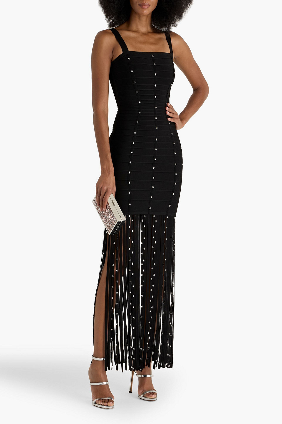 Herve Leger Laurel Crystal-embellished Fringed Bandage Gown In Black