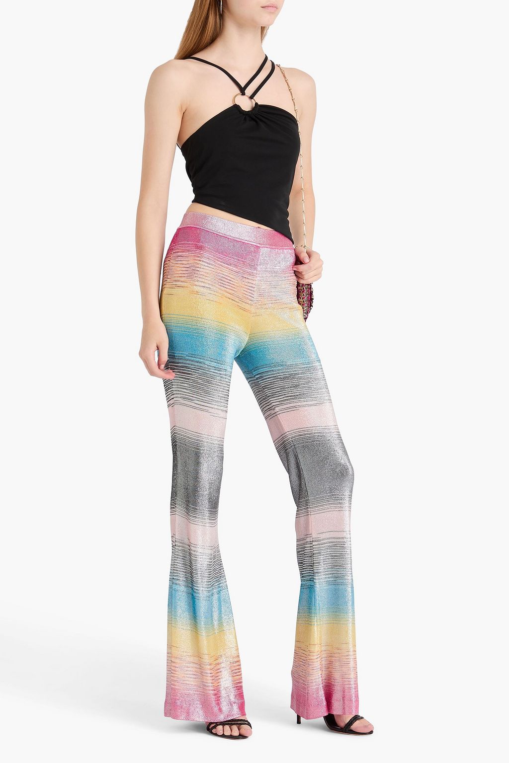 MISSONI بنطلون بقصة واسعة من الأسفل من نسيج بحبكة كروشيه بلون ميتاليك