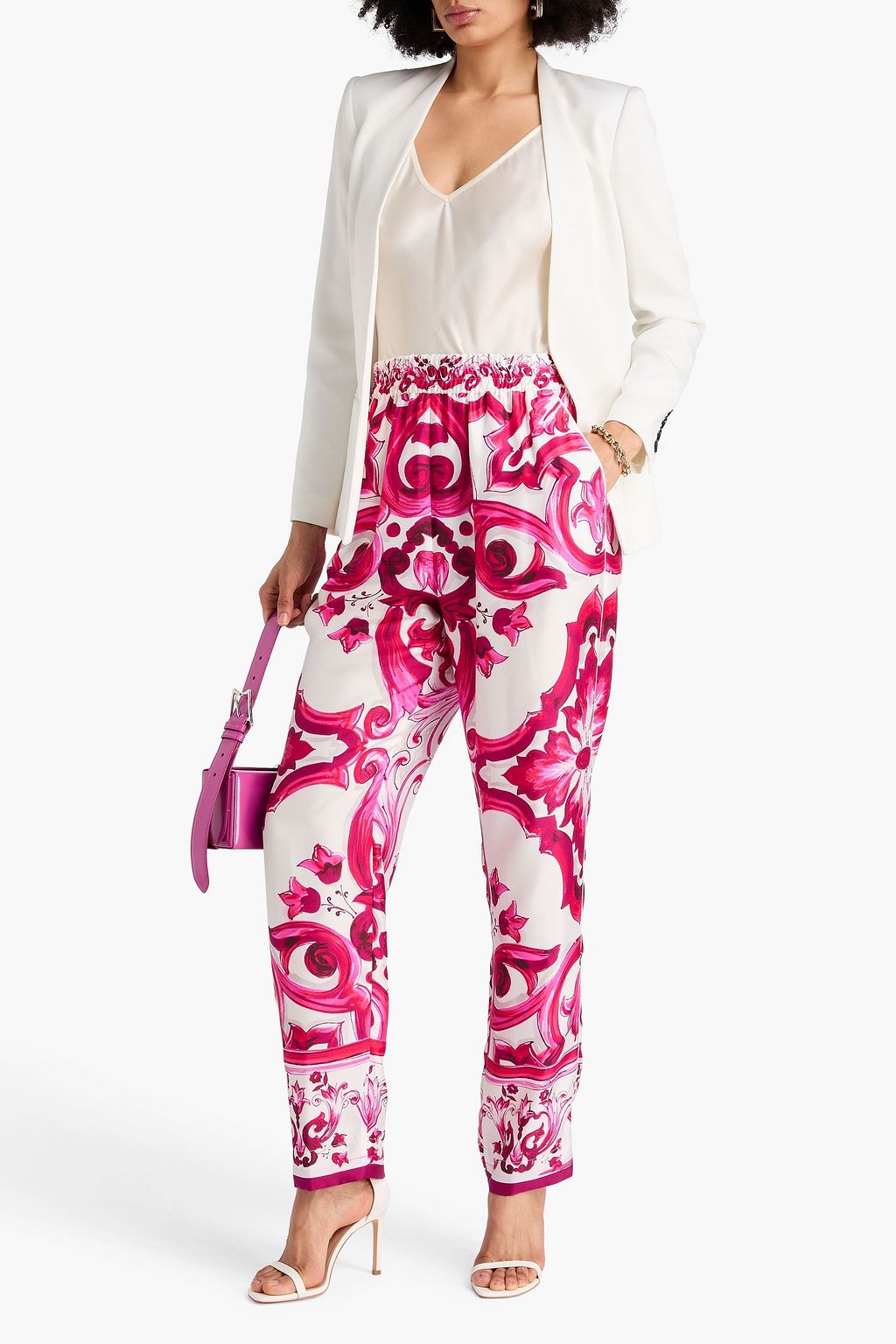 DOLCE&GABBANA بنطال بقصة تضيق تدريجيًا من حرير تويل مزين بطبعات