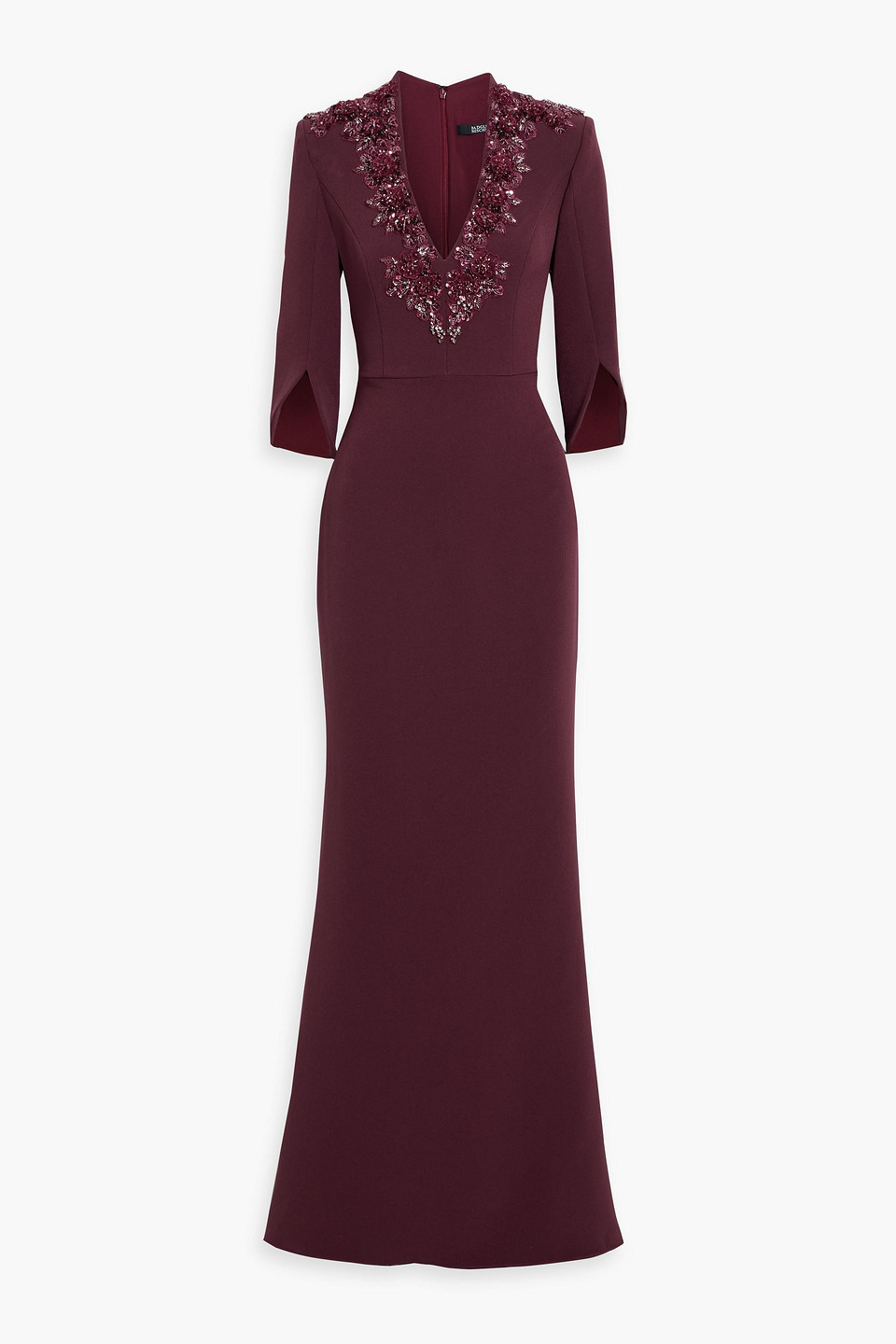 Badgley Mischka Floral-appliquéd Crepe Gown In Brown