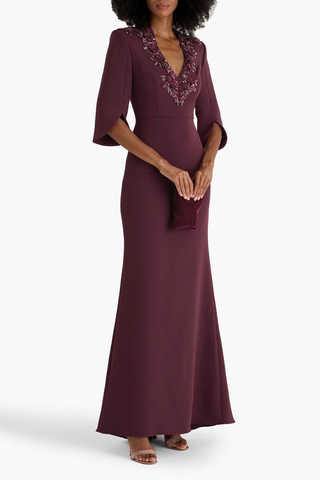 BADGLEY MISCHKA Floral-appliquéd crepe gown