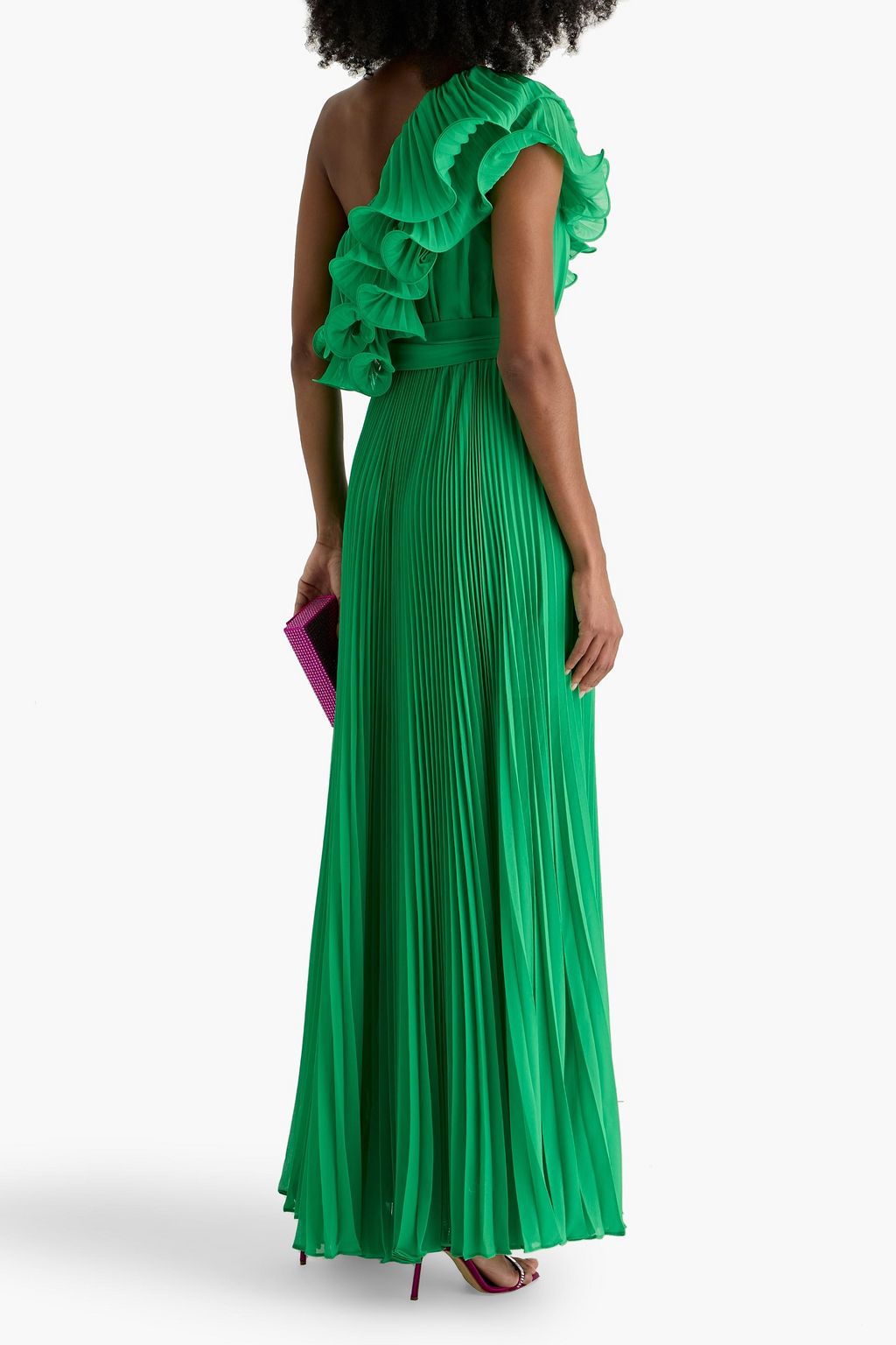 BADGLEY MISCHKA One-shoulder ruffled plissé-georgette gown