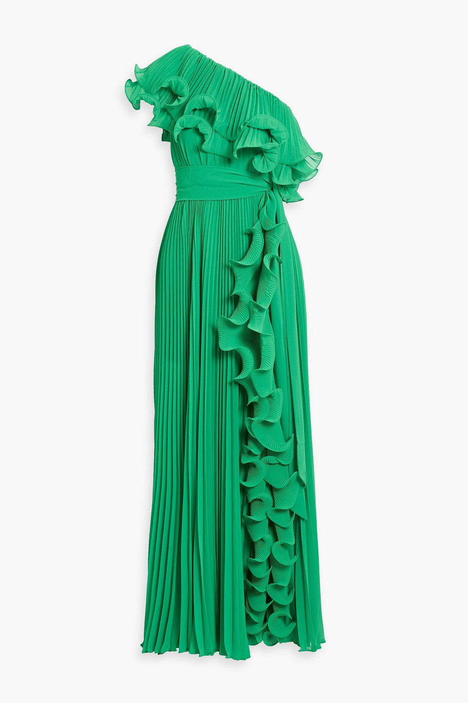 Badgley Mischka One-shoulder Ruffled Plissé-georgette Gown In Green
