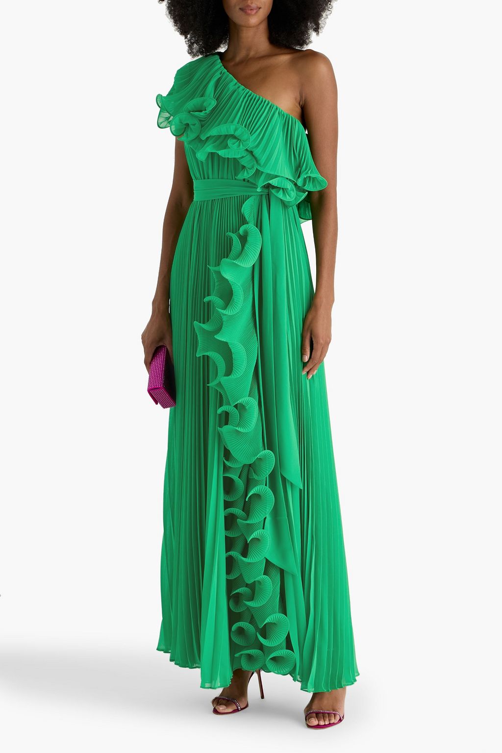 BADGLEY MISCHKA One-shoulder ruffled plissé-georgette gown