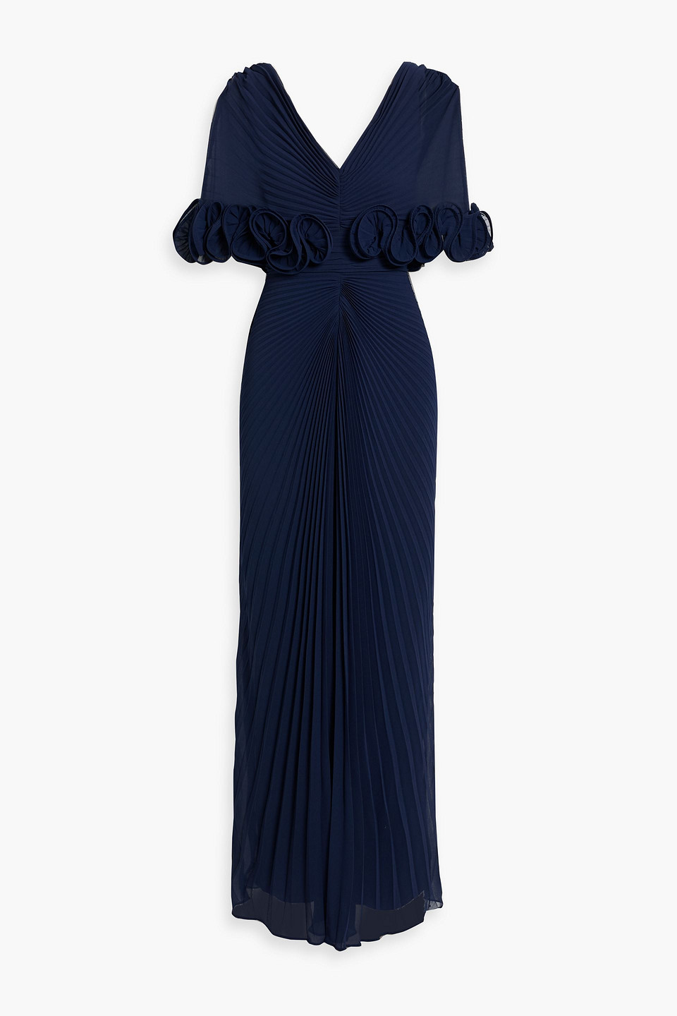 Badgley Mischka Ruffled Pleated Georgette Gown In Blue