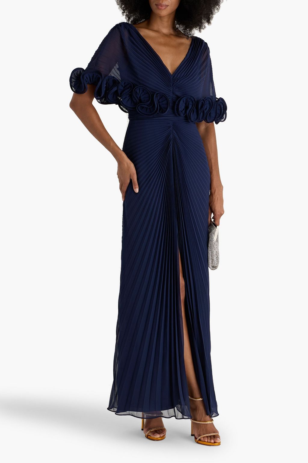 BADGLEY MISCHKA Ruffled pleated georgette gown