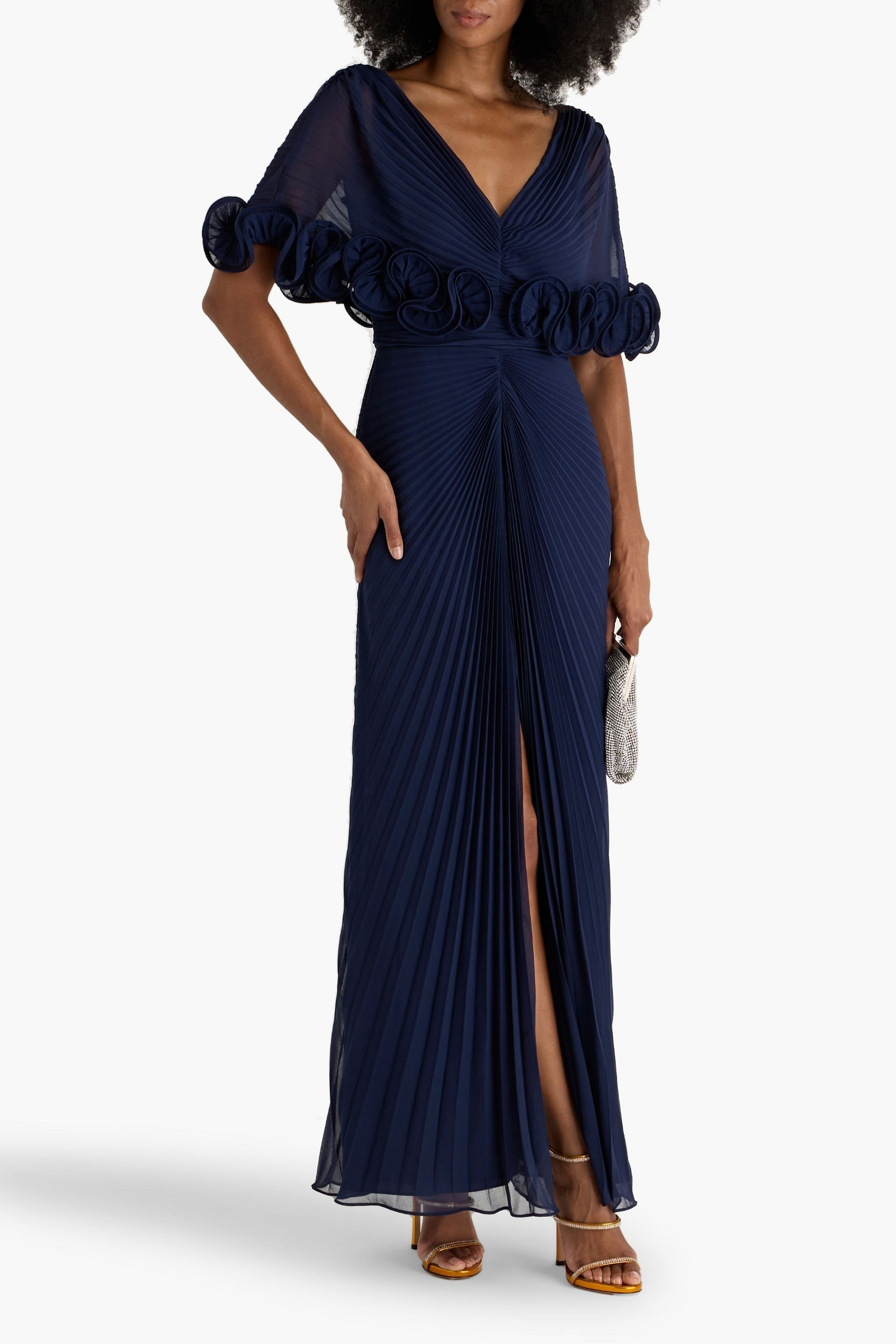 Badgley Mischka Ruffled pleated georgette gown