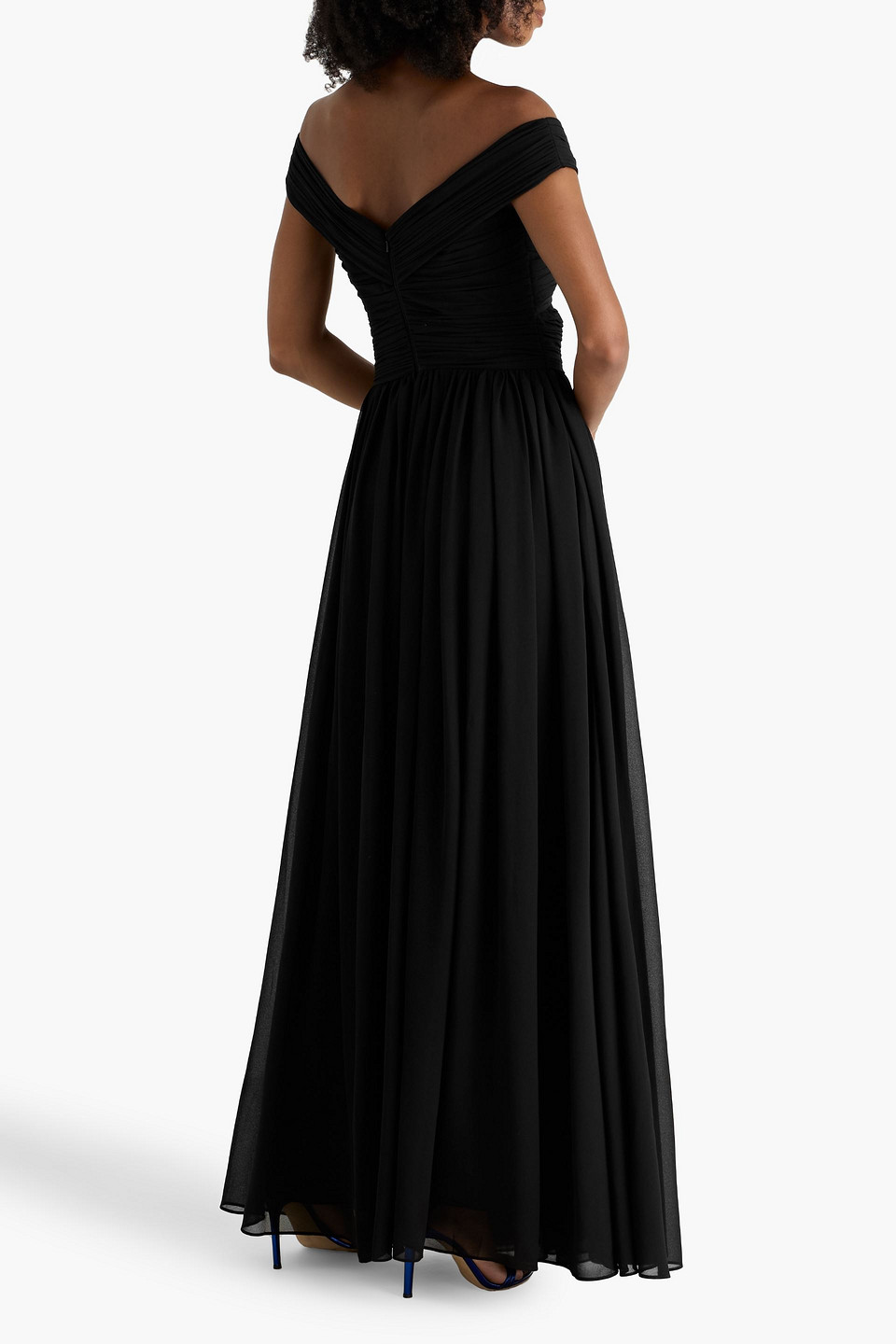 Badgley Mischka Off-the-shoulder Pintucked Georgette Gown In Black
