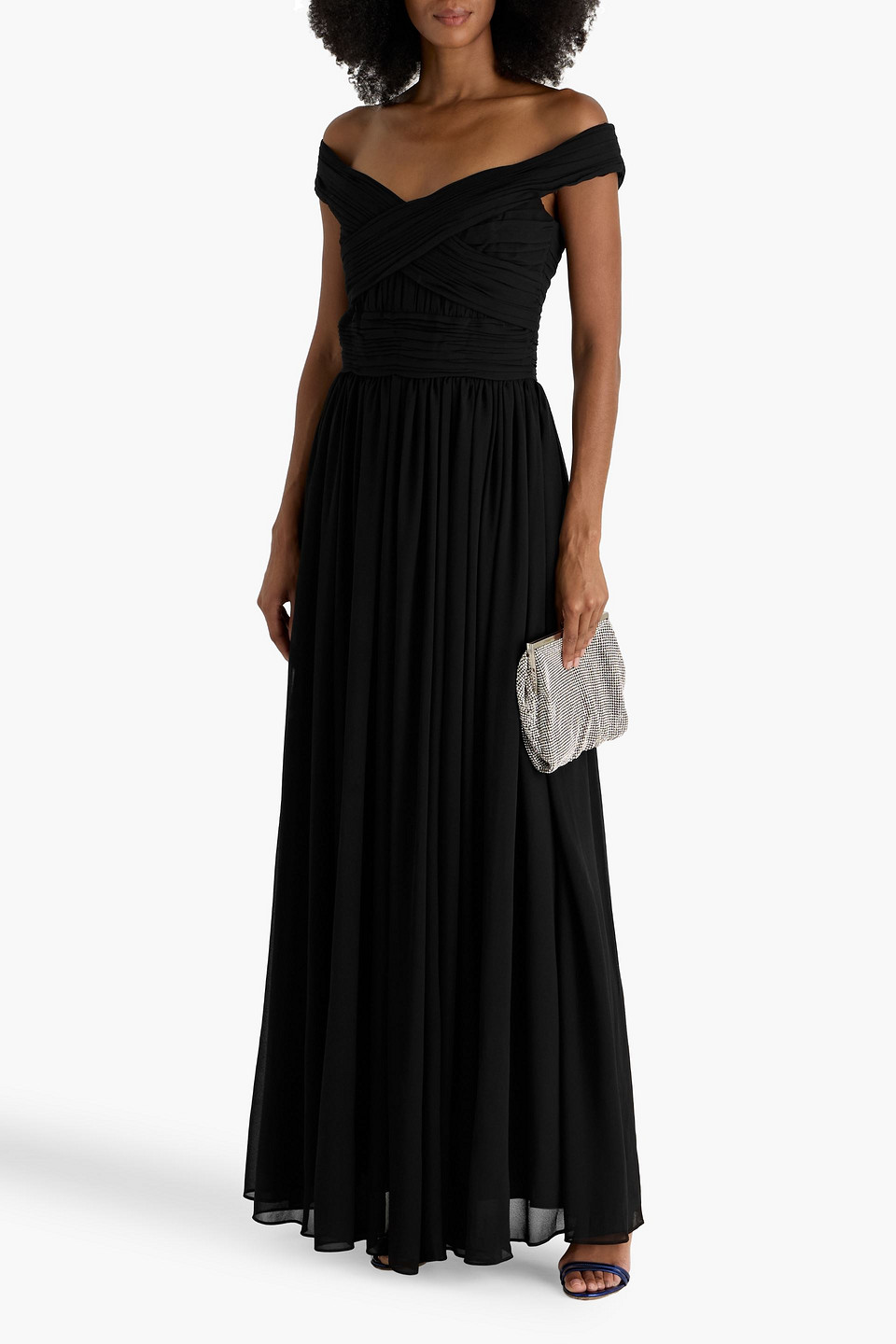 Badgley Mischka Off-the-shoulder Pintucked Georgette Gown In Black