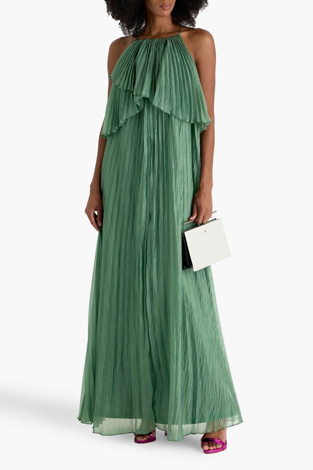 BADGLEY MISCHKA Pleated crinkled-habotai gown
