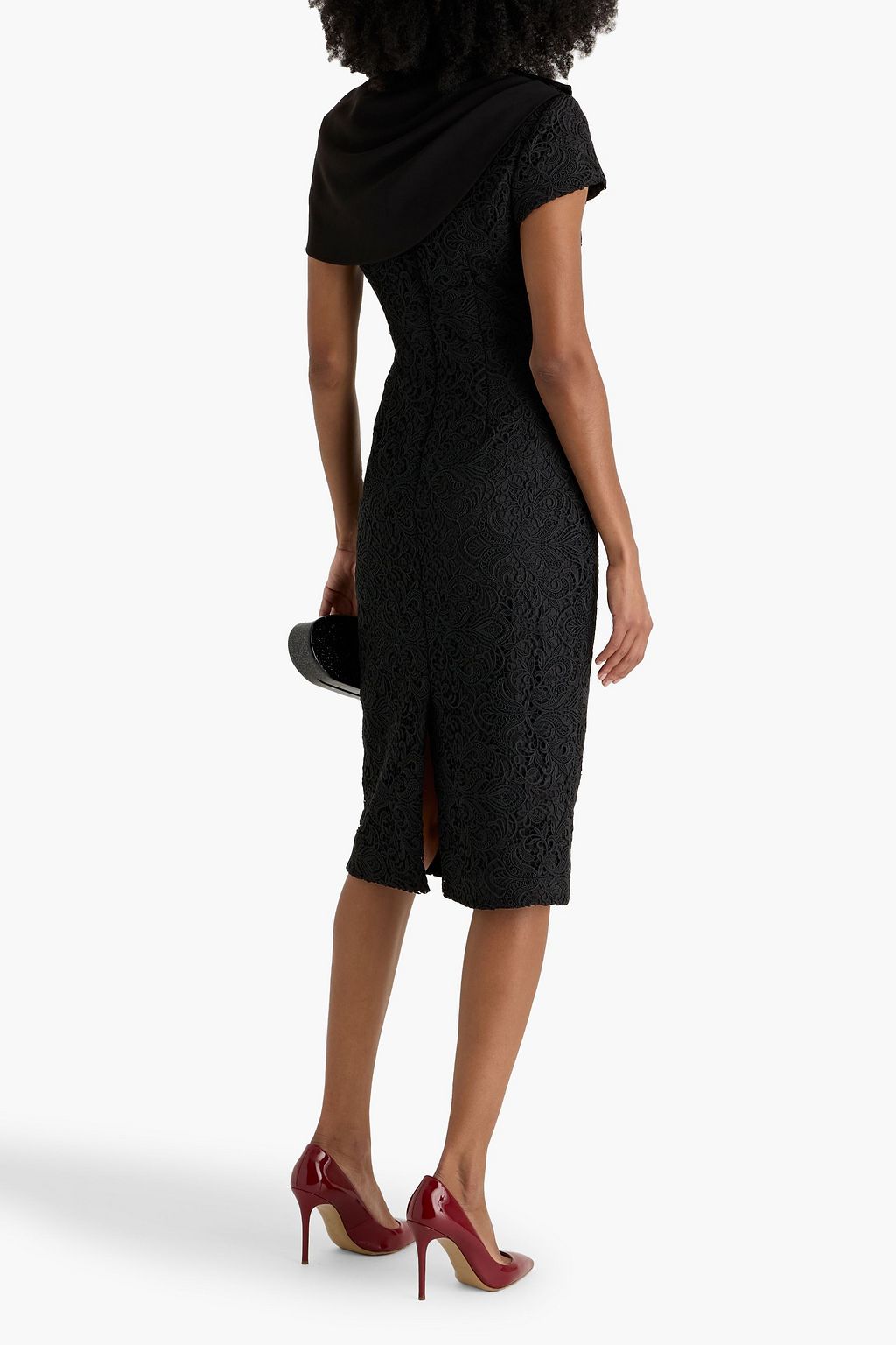 BADGLEY MISCHKA Crepe-paneled guipure lace midi dress