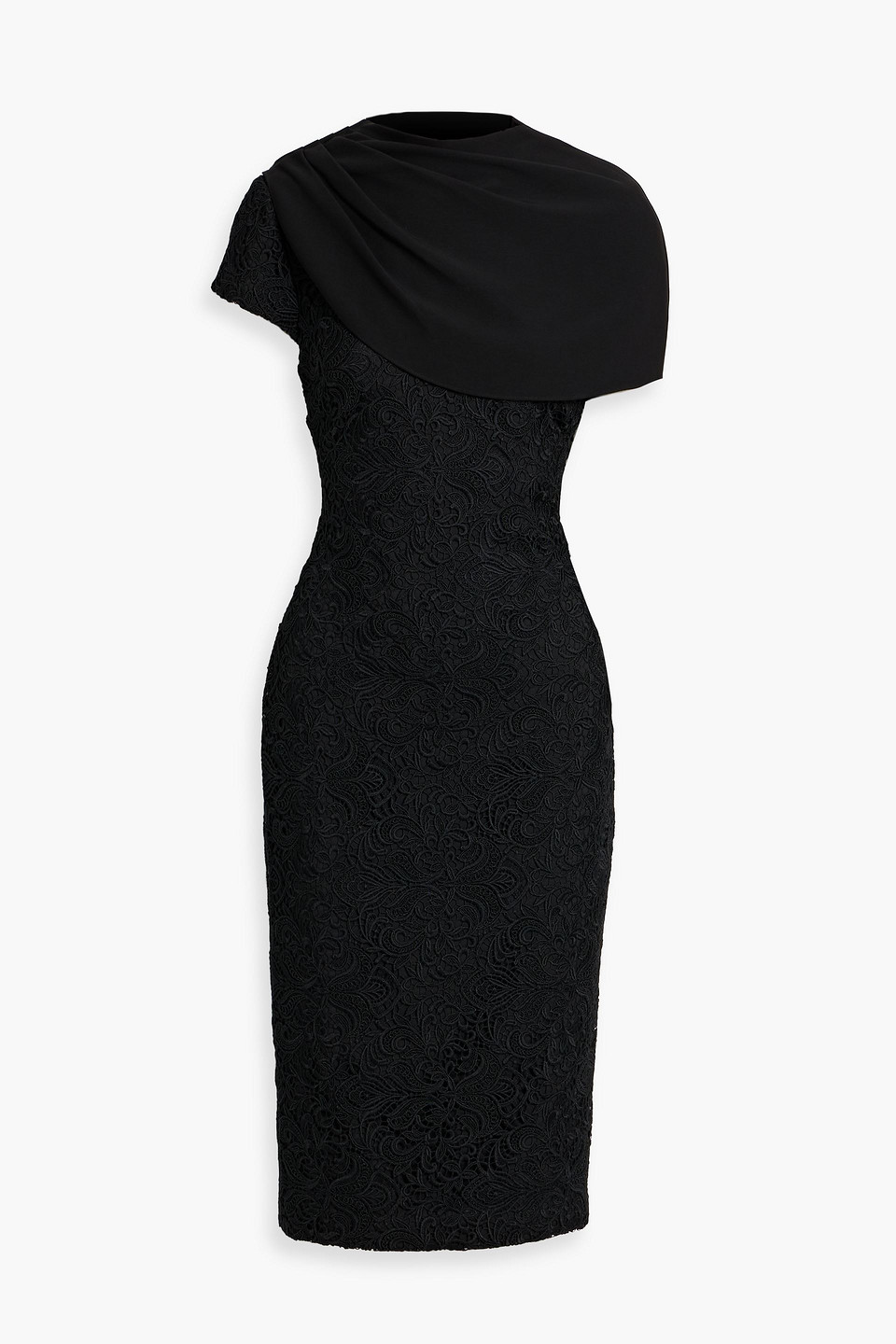Badgley Mischka Crepe-paneled Guipure Lace Midi Dress In Black