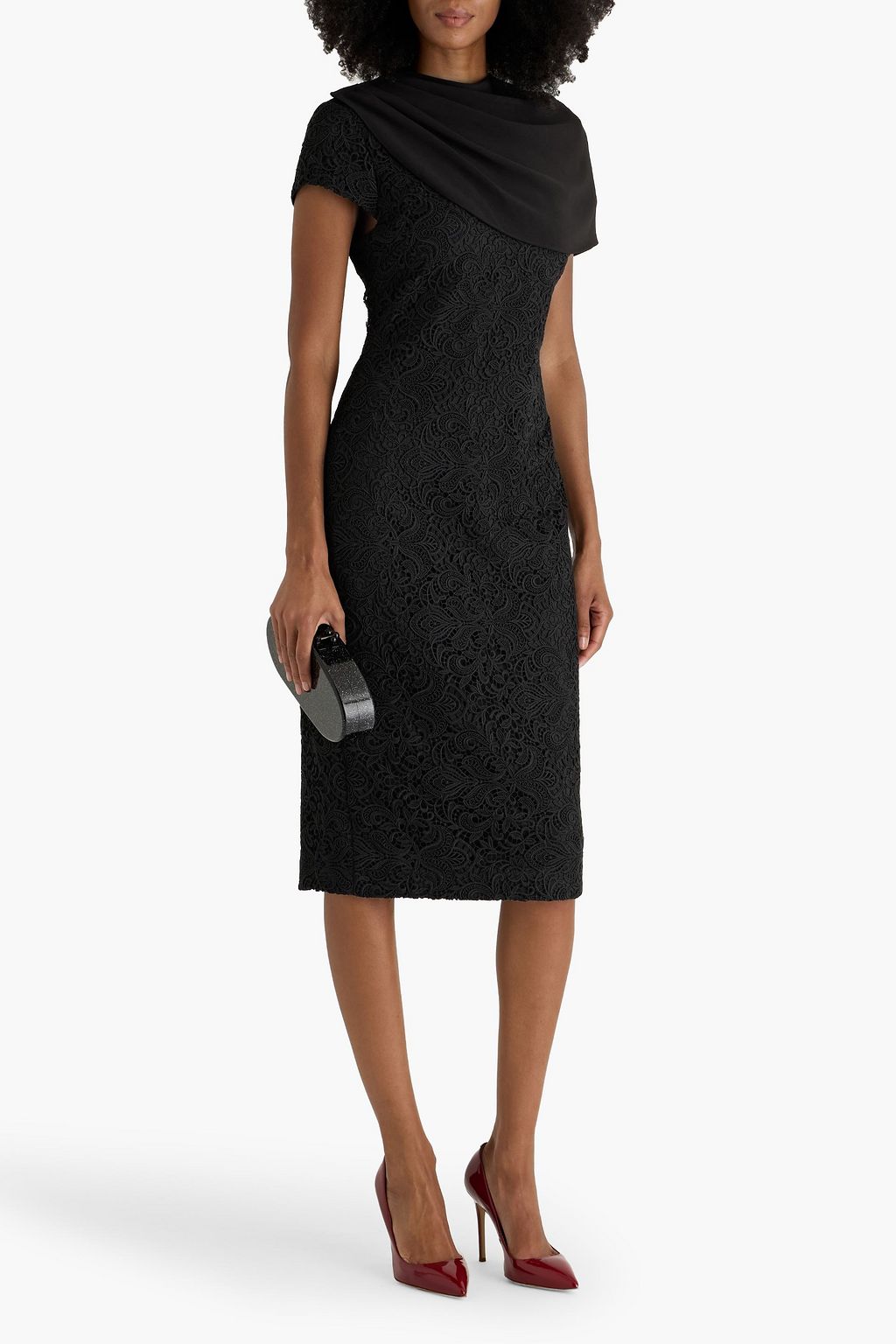 BADGLEY MISCHKA Crepe-paneled guipure lace midi dress