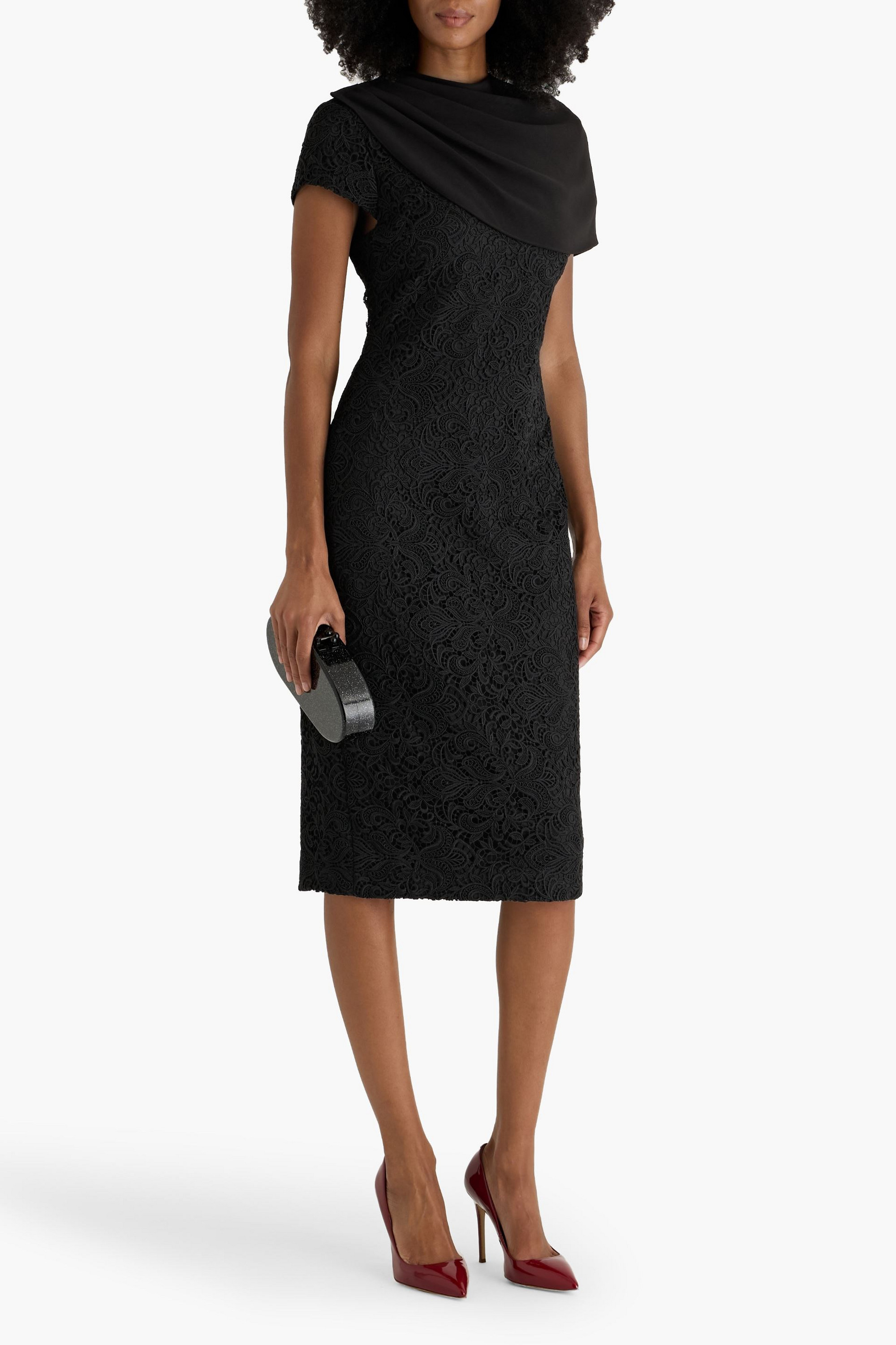Badgley Mischka Crepe-paneled guipure lace midi dress