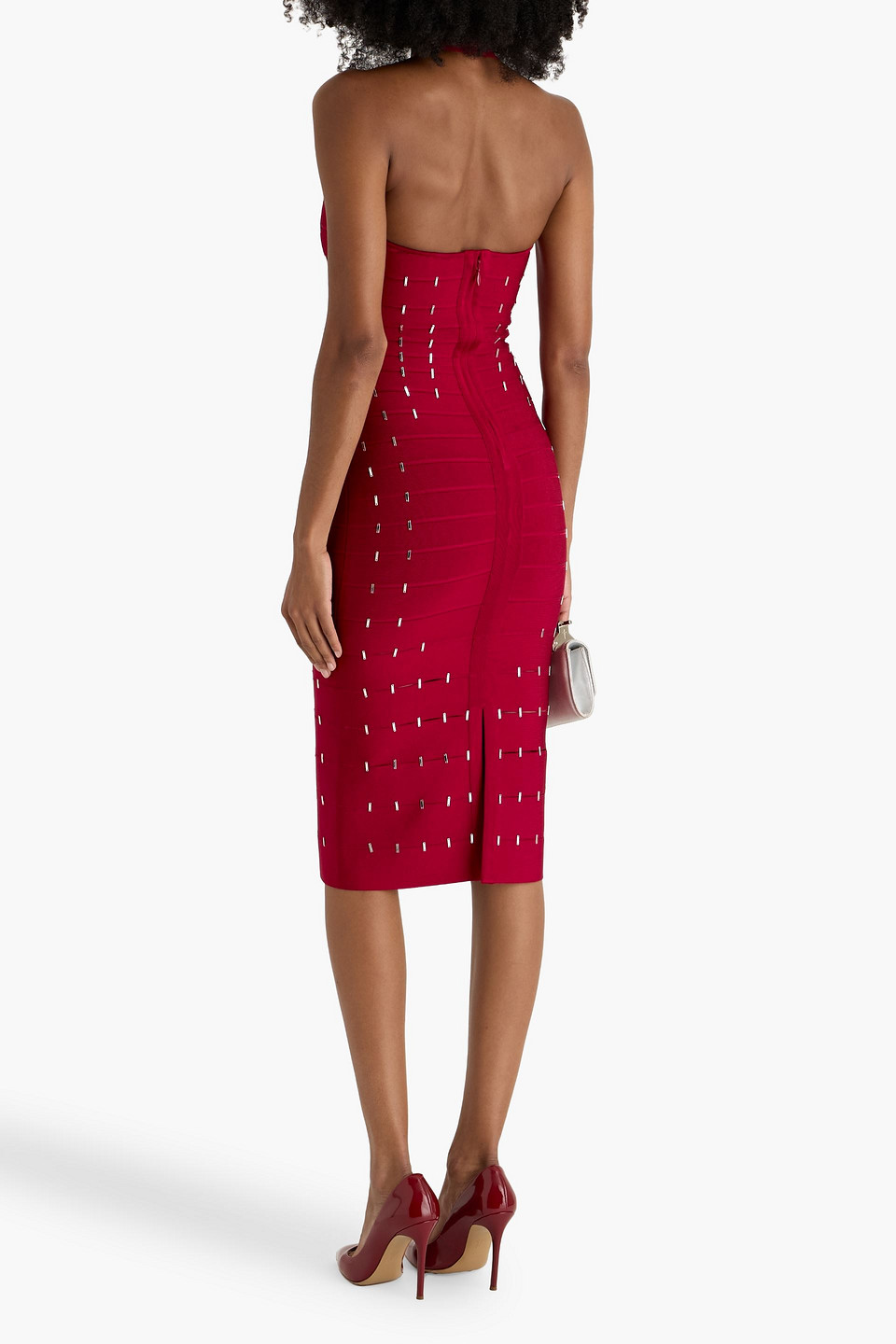 Herve Leger Joanne Crystal-embellished Bandage Halterneck Midi Dress In Red