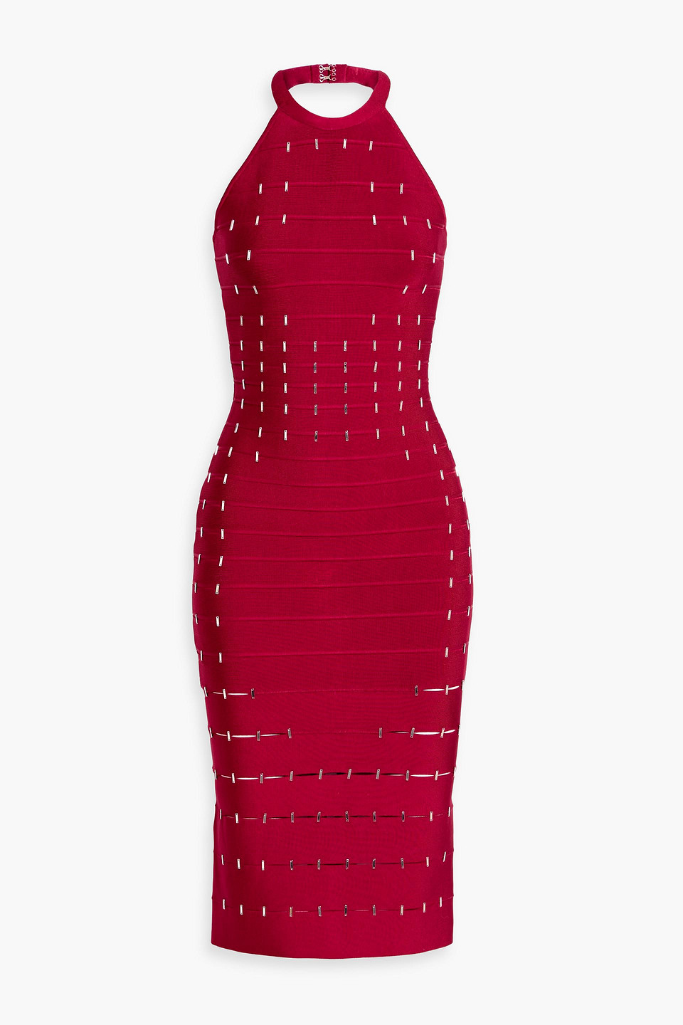 Herve Leger Joanne Crystal-embellished Bandage Halterneck Midi Dress In Red