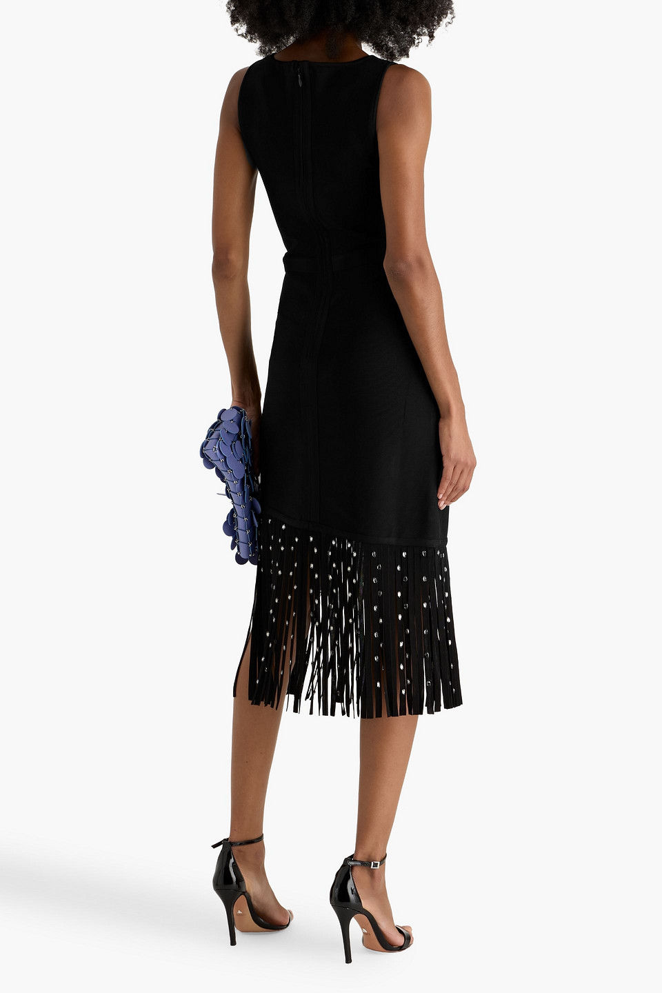 Herve Leger Reagan Crystal-embellished Fringed Bandage Midi Dress In Black