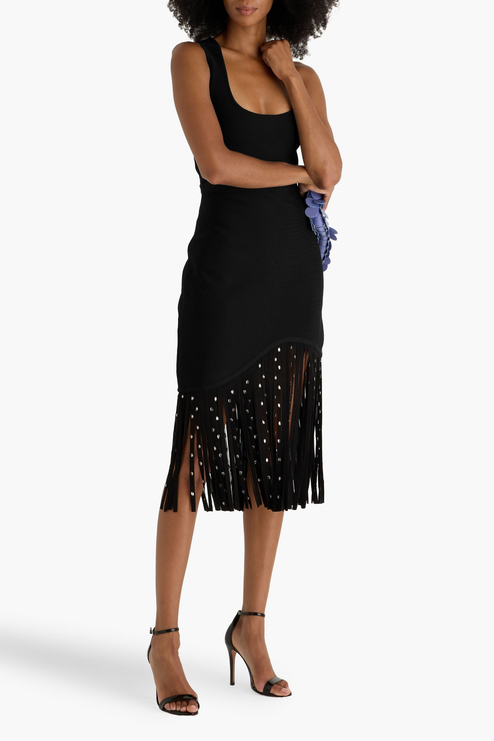 Herve Leger Reagan crystal-embellished fringed bandage midi dress