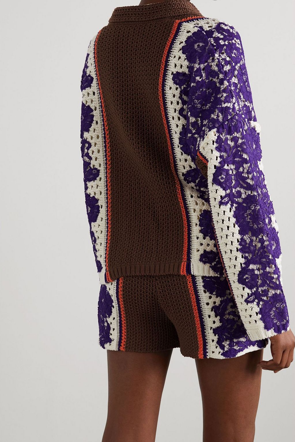 VALENTINO GARAVANI Lace-paneled striped crocheted cotton cardigan