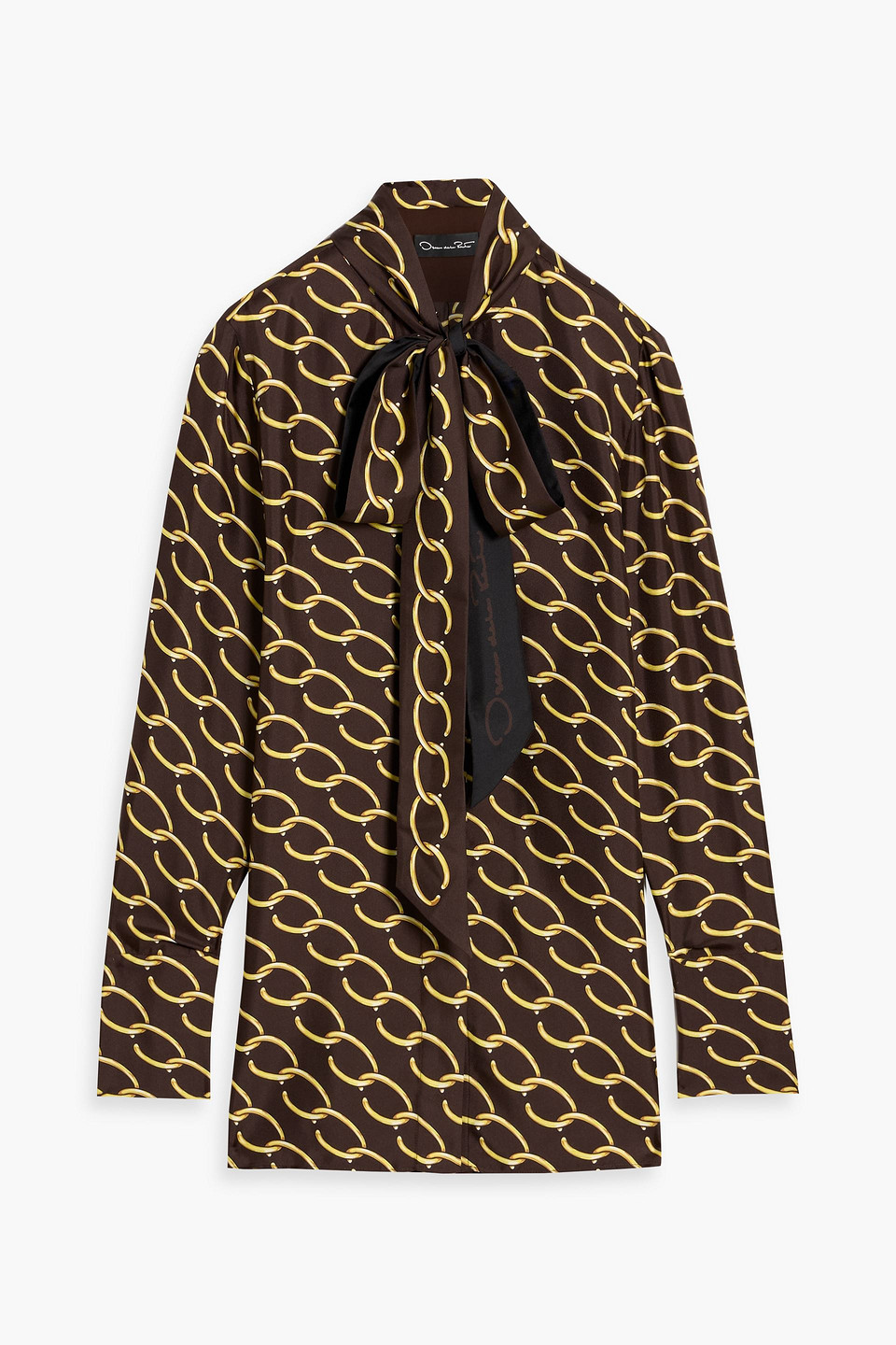 Oscar De La Renta Pussy-bow Printed Silk-twill Blouse In Brown