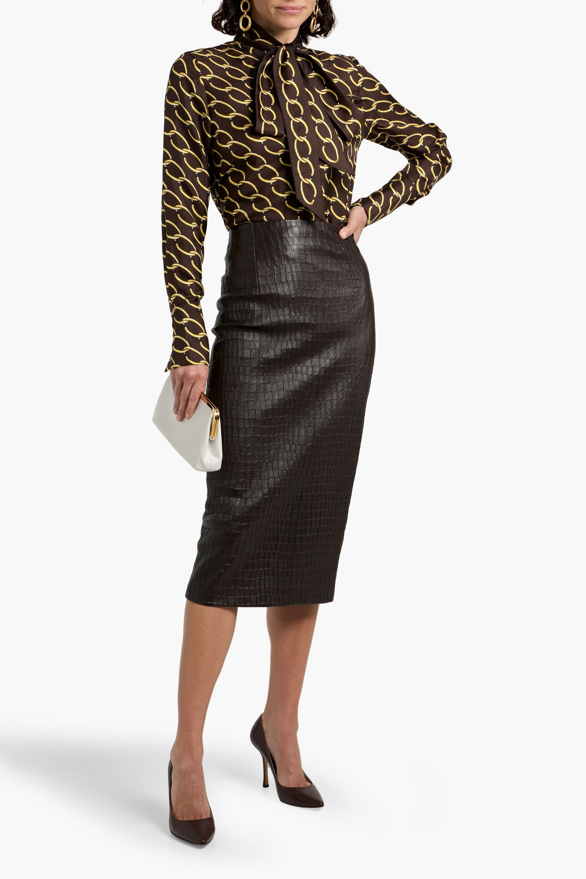 Oscar de la Renta Pussy-bow printed silk-twill blouse