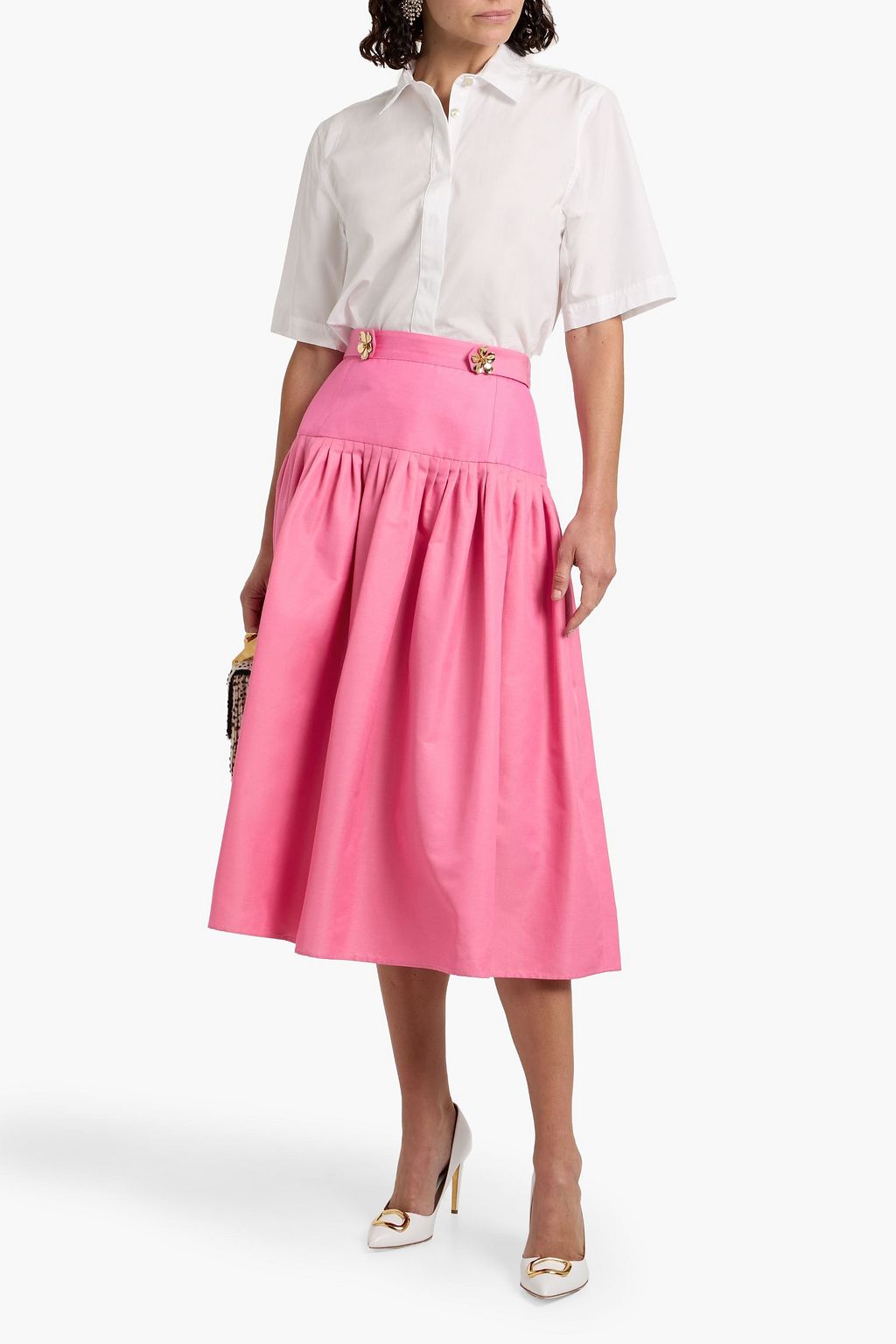 OSCAR DE LA RENTA Floral-appliquéd cotton and silk-blend faille midi skirt