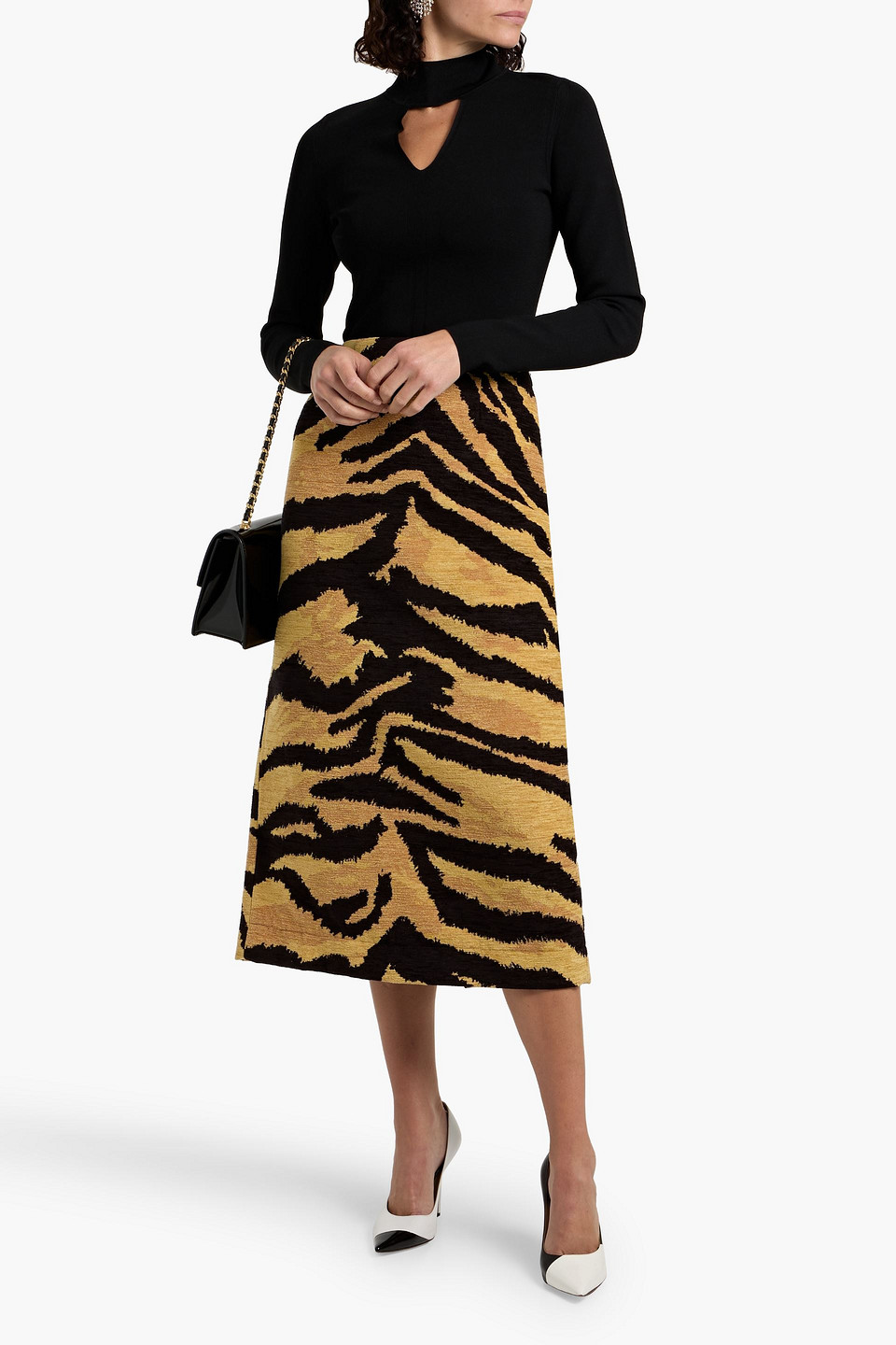 Oscar De La Renta Tiger-print Jacquard Midi Skirt In Brown