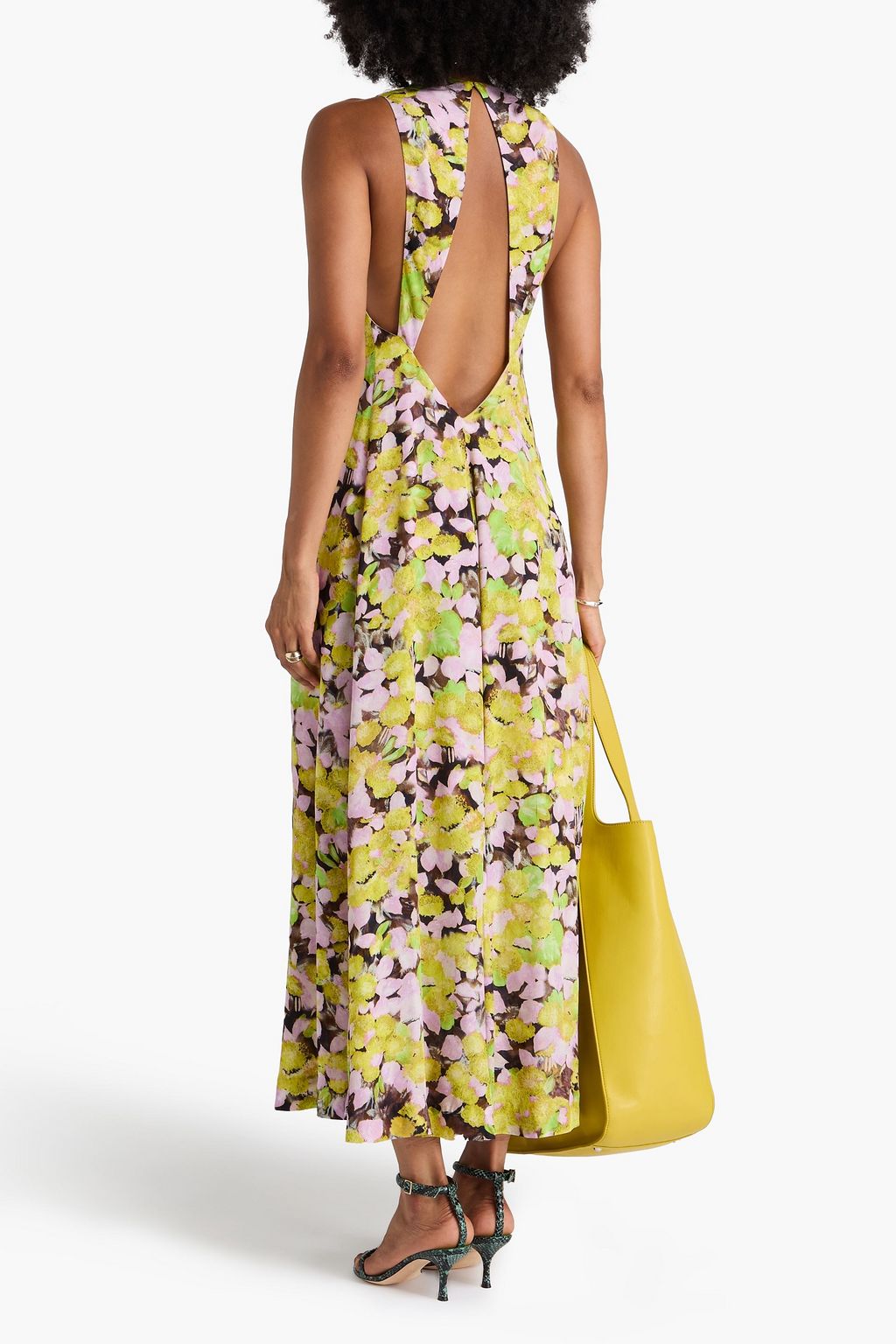 DRIES VAN NOTEN فستان دابلوي متوسط الطول من التويل بطبعة الأزهار وبفتحات