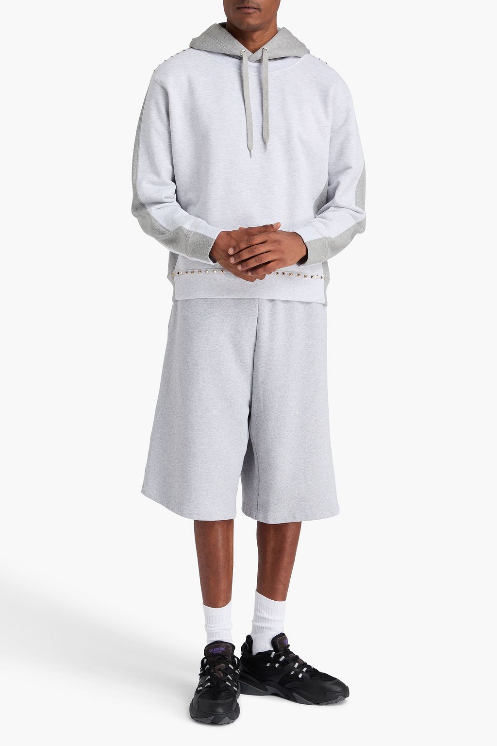 VALENTINO GARAVANI Studded two-tone French cotton-terry hoodie