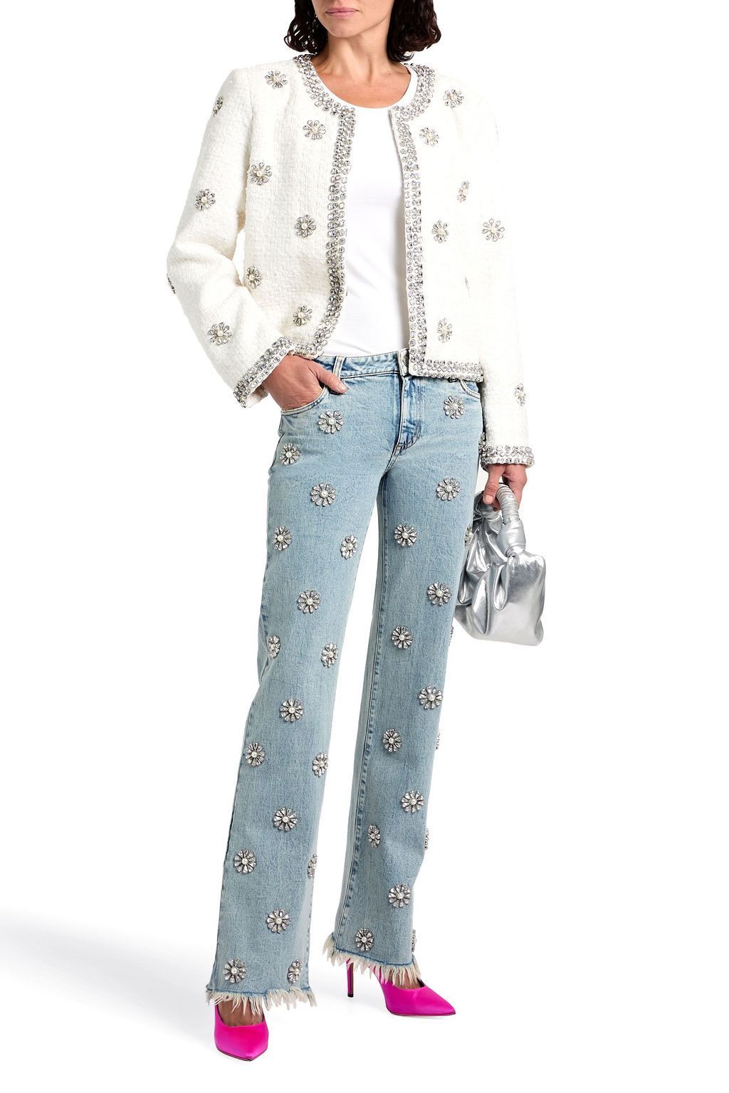 ALICE + OLIVIA JEANS بنطلون جينز جيما بأرجل مستقيمة بخصر متوسط الارتفاع بتصميم مزركش