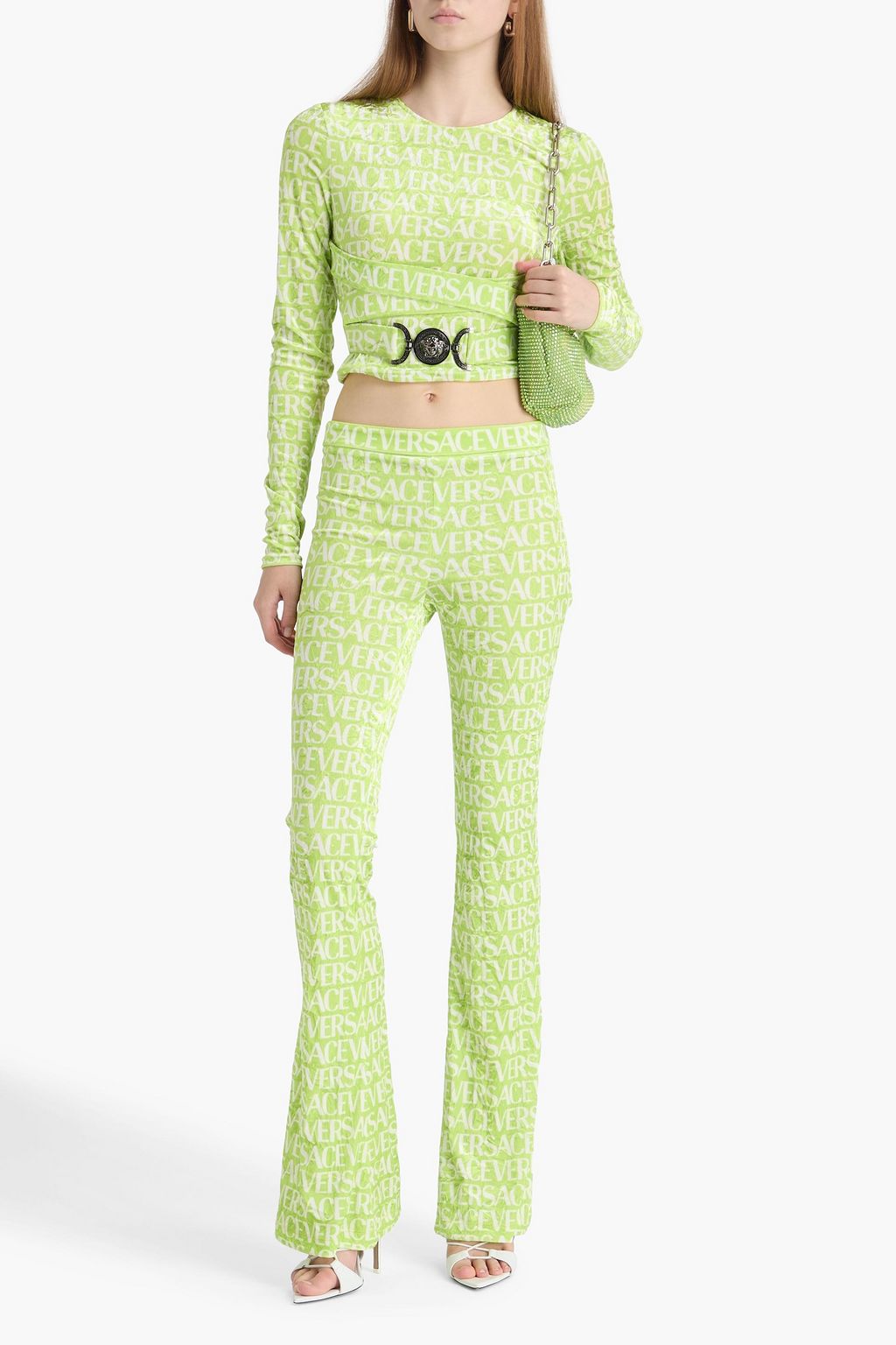 VERSACE Printed stretch-velvet flared pants