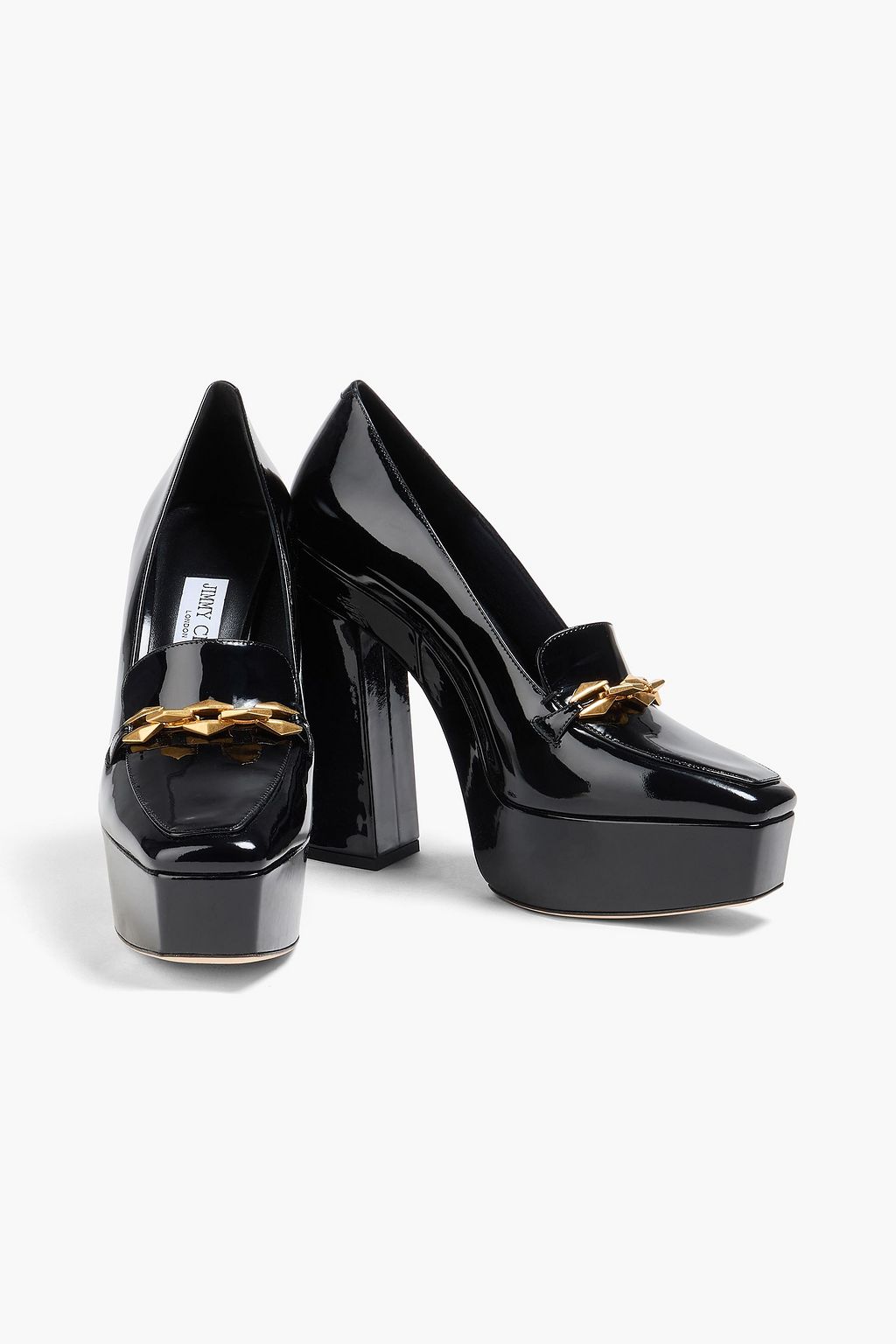 JIMMY CHOO حذاء دايموندتيلدا بكعب عالٍ بنعل سميك من الجلد اللامع بتصميم مزركش