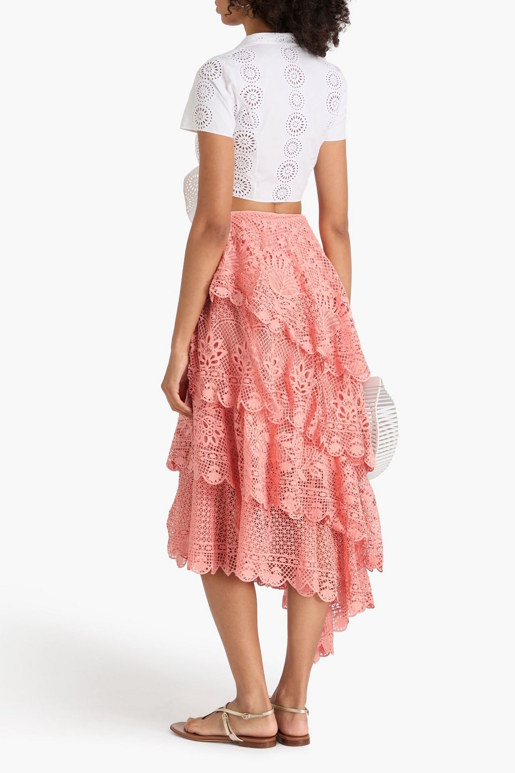 FARM RIO Asymmetric tiered guipure lace maxi skirt