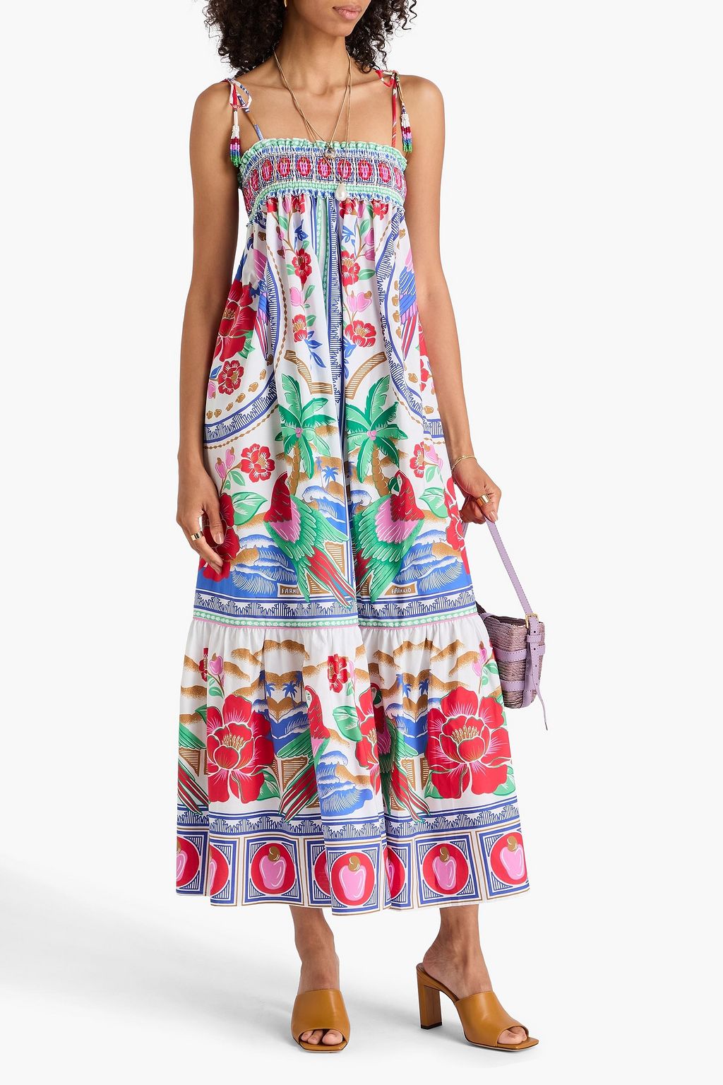 FARM RIO Bead-embellished printed cotton-poplin midi dress