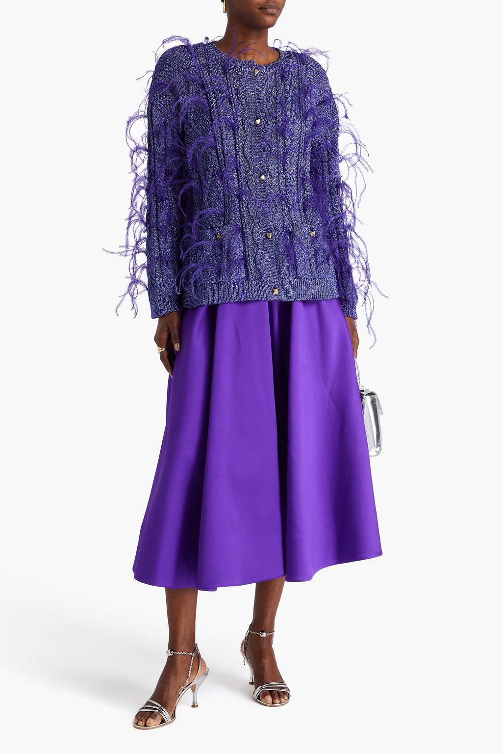 VALENTINO GARAVANI Feather-embellished metallic cable-knit cardigan