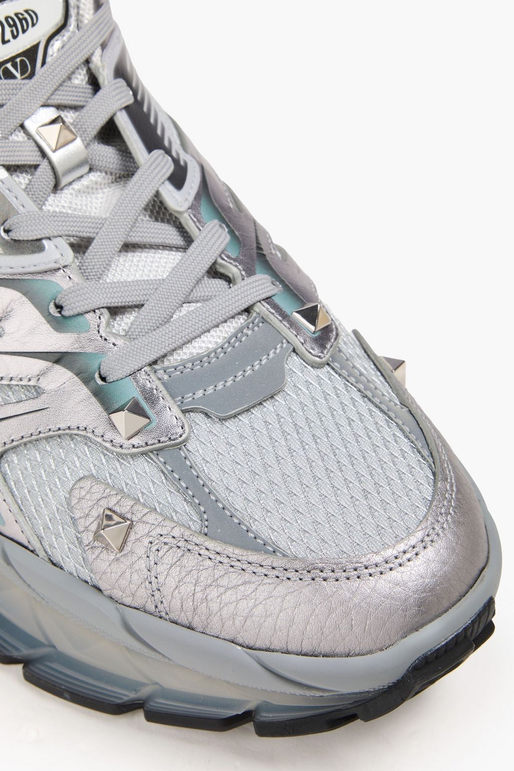 VALENTINO GARAVANI MS-2960 studded metallic leather and mesh sneakers
