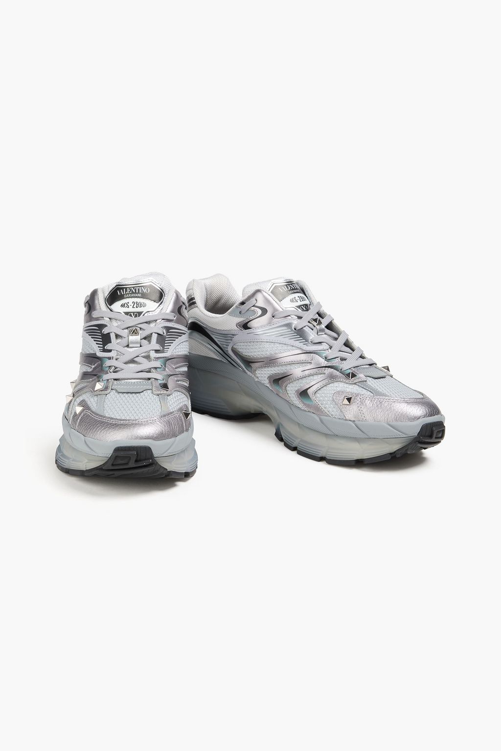 VALENTINO GARAVANI MS-2960 studded metallic leather and mesh sneakers