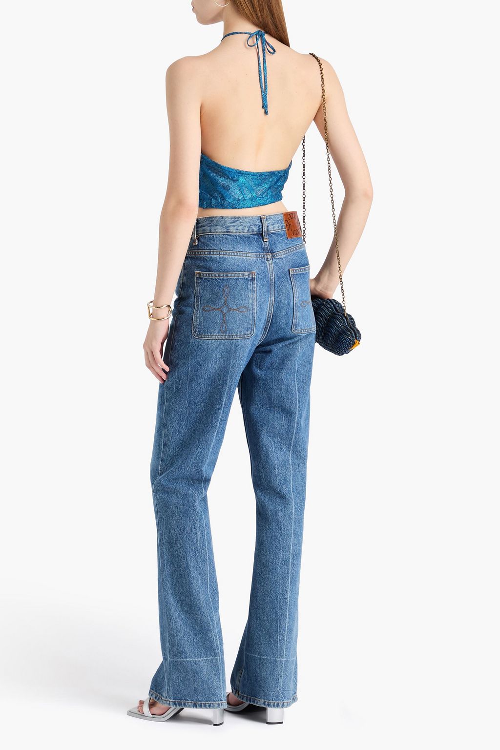 MISSONI بلوزة قصيرة بياقة هالتر الدائرية من نسيج بحبكة كروشيه ولون ميتاليك